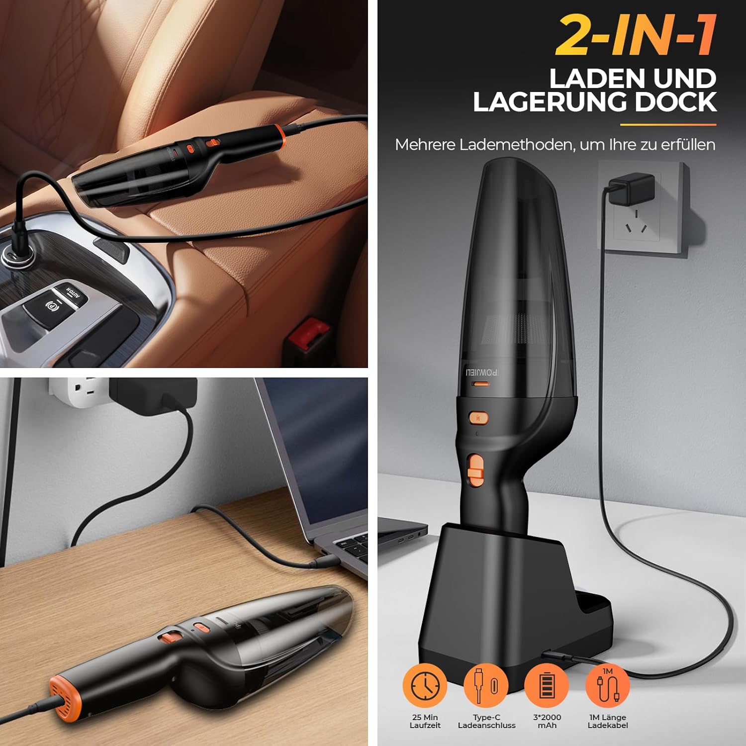 Handstaubsauger, 12000 Pa Handstaubsauger Akku mit Ladestation, Autostaubsauger Kabellos mit 3 waschbaren HEPA-Filtern, Nass- und Trockenstaubsauger ohne Beutel Stark für Zuhause, Büro, Auto, Tierhaare – Bild 4
