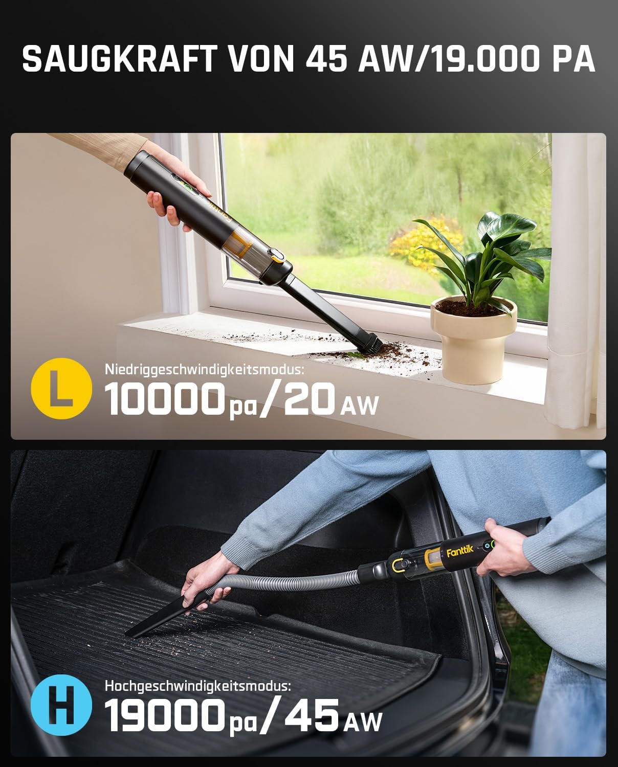 Fanttik Slim V10 APEX kabelloser 4-in-1-Auto- und tragbarer Mini-Handstaubsauger, 19 kPa Saugleistung, intelligentes Digitaldisplay, 2 Saugmodi für kleine Reinigungsarbeiten, Auto, Bürotisch, Tastaturen (schwarz) – Bild 6