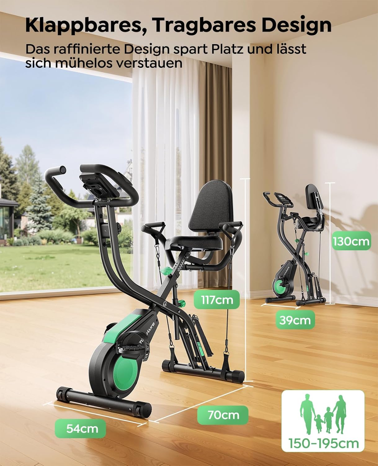 Toputure Klapp-Heimtrainer mit App, 5-in-1-Ergometer mit Hand-Bein-Zugseilen, 16 Magnetwiderstände, Indoor-Heimtrainer bis 140 kg, Ultraschall – Bild 8