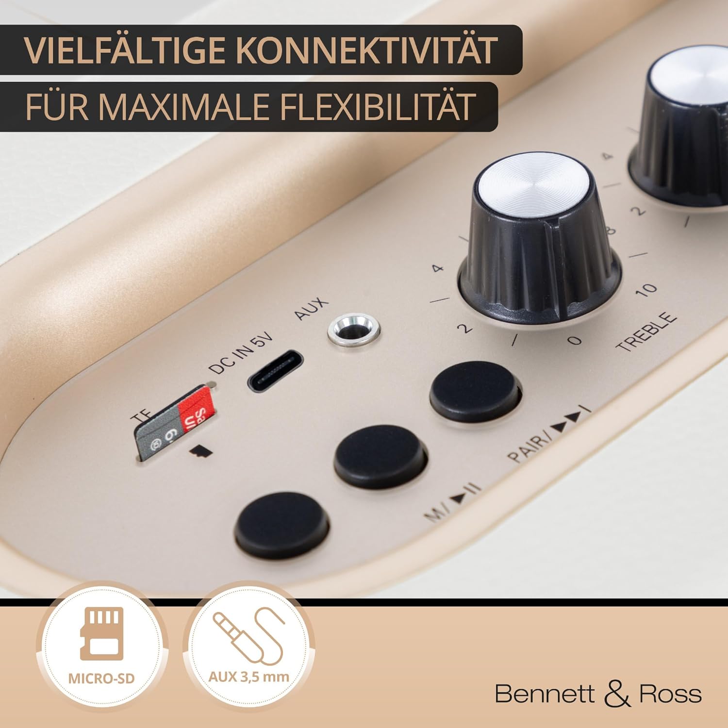 Bennett & Ross BB-820CW Blackmore Junior Retro-Bluetooth-Lautsprecher in Lederoptik mit 5200-mAh-Akku – Vintage-Lautsprecher mit 20 W – MicroSD-Eingang mit MP3-Player – Aux-in – Weiß – Bild 5
