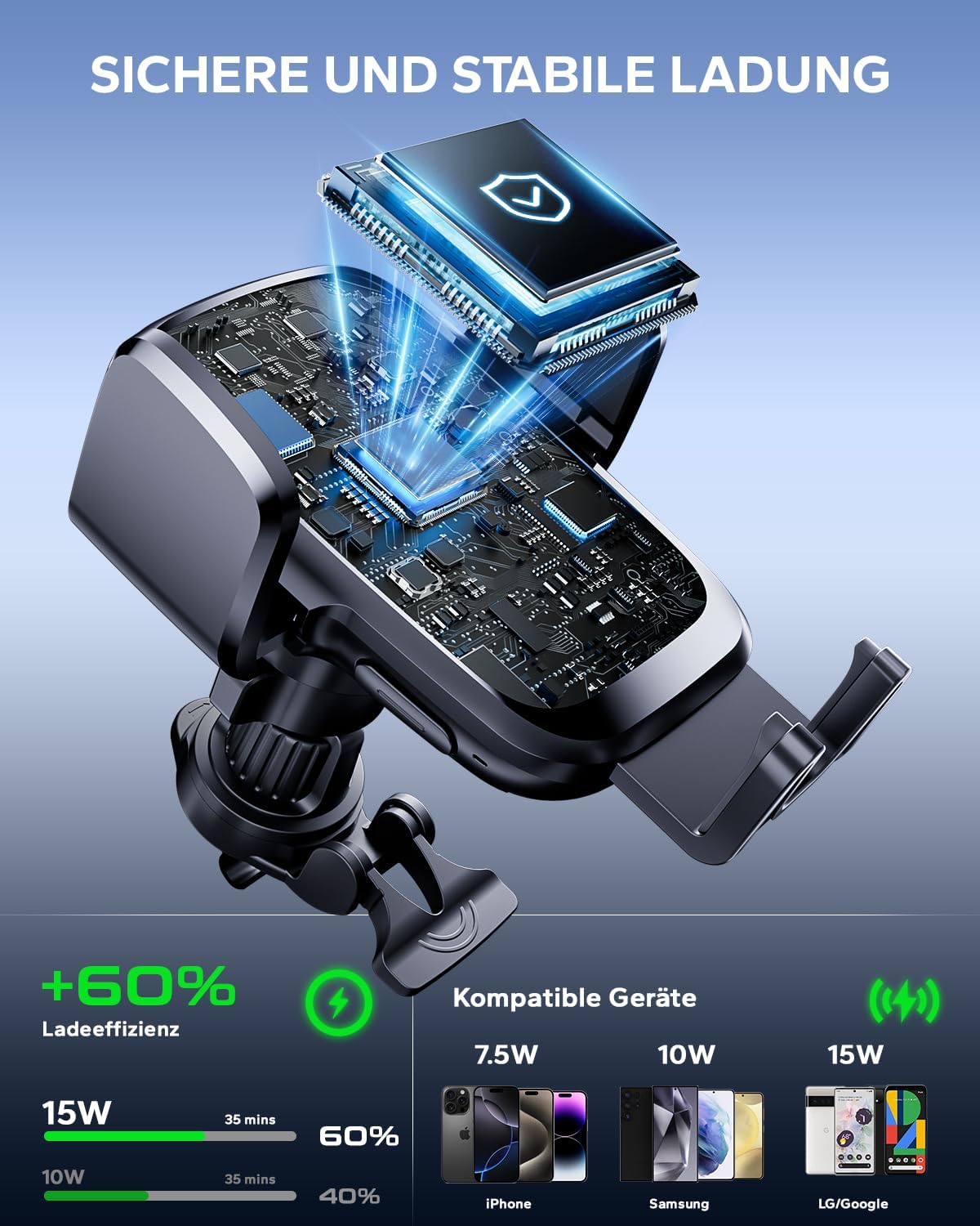 KPON 15W Qi Handyhalterung Auto mit Ladefunktion, Induktive Ladestation Auto mit Saugnapf und Clip, Automatische Klemmung Auto Wireless Charger für iPhone 17/16/15/14/13, Samsung (Ohne Zigarettenanzünder) – Bild 6