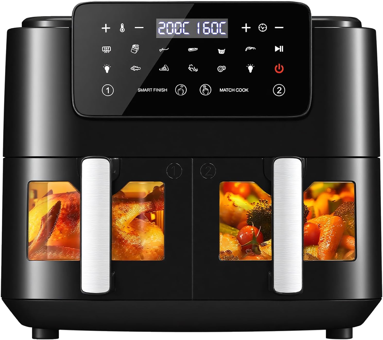 LLIVEKIT 9L Heißluftfritteuse, 2 Kammern mit Sichtfenster, 4,5L + 4,5L Airfryer 9-in-1, Backofen XXL ohne Öl, Heißluftofen mit Touchscreen, Timerfunktion