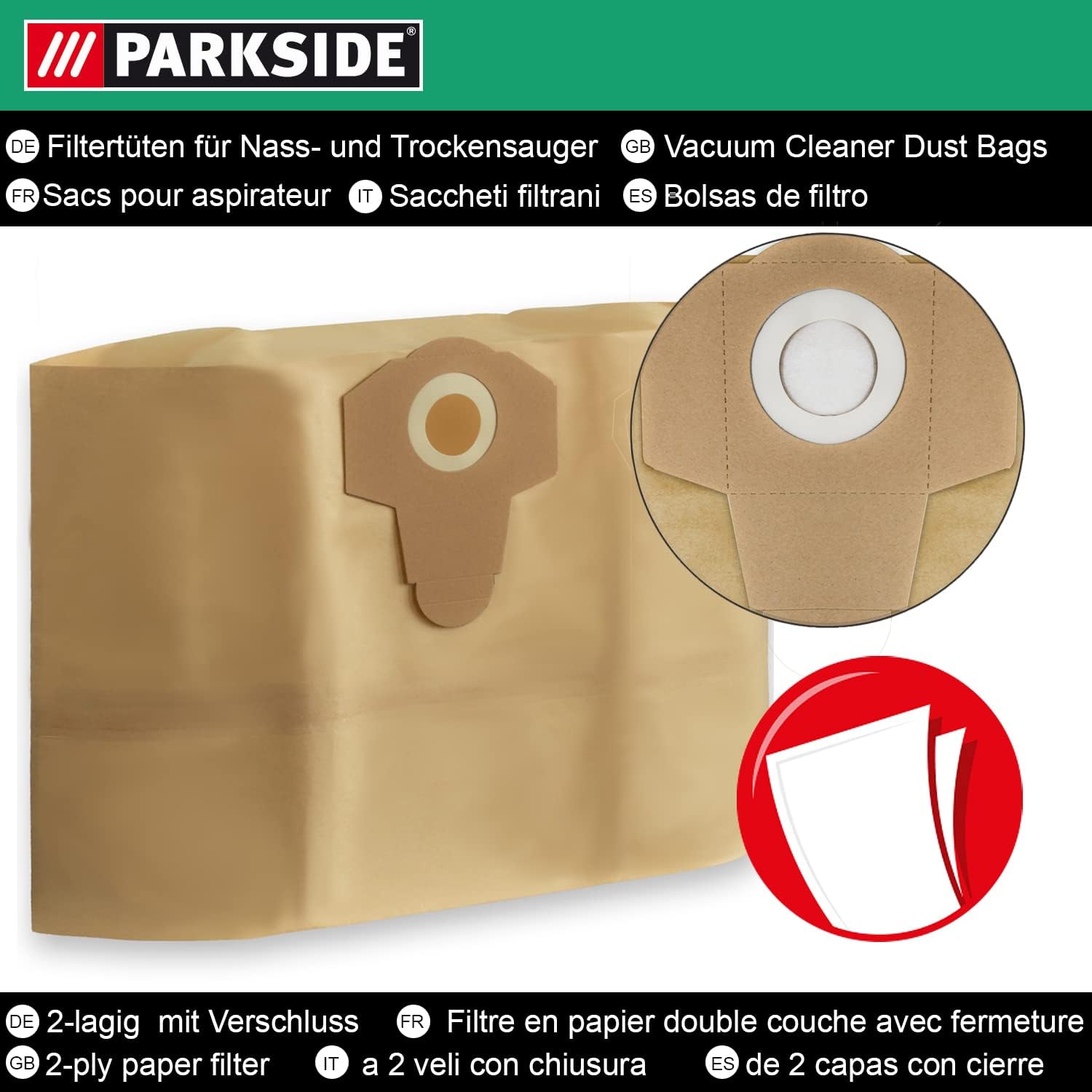 Parkside Original Staubsaugerbeutel 5er Pack für LIDL Nass-/Trockensauger PNTS 1400, 1500 A1, B1, B2, B3, C1, C3, D1, E2, C4, F2 – Bild 6