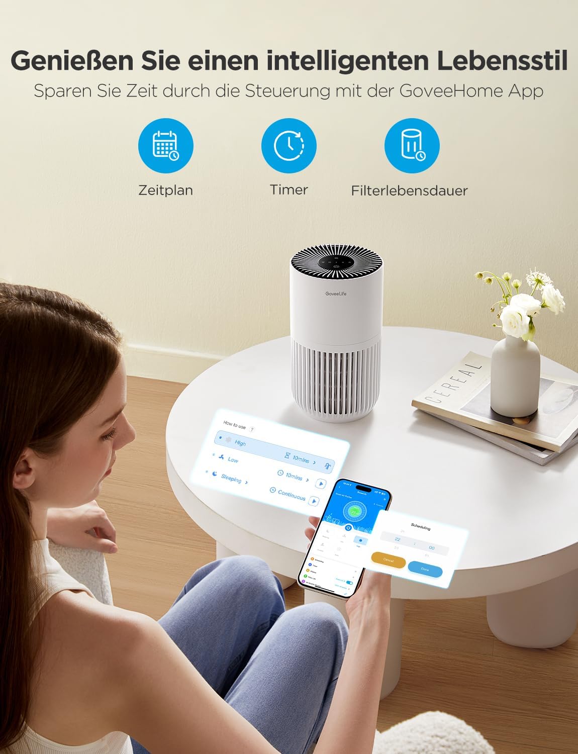 GoveeLife Mini-Luftreiniger für Schlafzimmer, Intell.HEPA-Filter mit Alexa-App-Steuerung zur Vermeidung von Tierhaaren, Gerüchen, Pollen, Rauch, tragbarer Luftreiniger mit 3 Geschwindigkeiten, 2 Modi, Timer, Geschmacksrichtungen – Bild 3