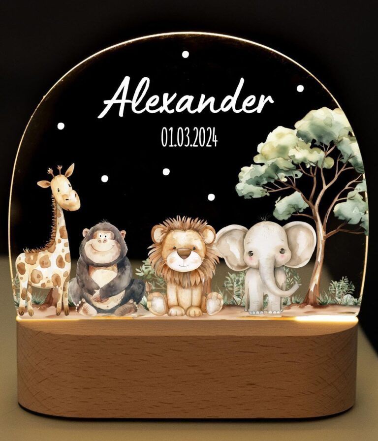 Bärenfreunde - Personalisiertes Nachtlicht für Babys - Individuelle Nachttischlampe für Kinder - Personalisierte Geschenke Kinder - Babygeschenk - Geschenk zur Geburt (Safaritiere)