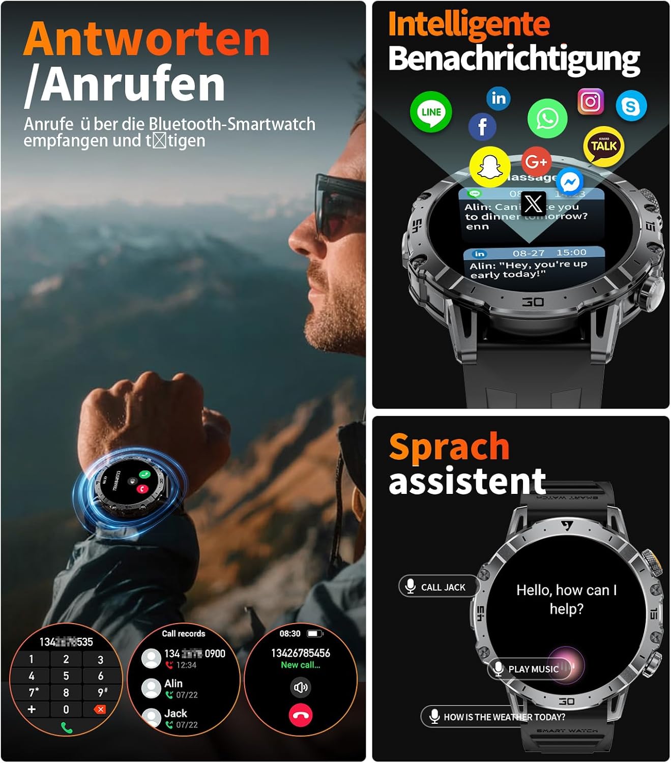 LIGE Militär-Smartwatch für Herren, 1000 mAh, großer Akku, 1,7 Zoll HD großes Display mit Telefonfunktion, LED-Taschenlampe, Fitness-Uhr mit 110+ Sportmodi, Herz-/Schlaf-Tracking, IP68-Sportuhr iOS/Android, Schwarz – Bild 3