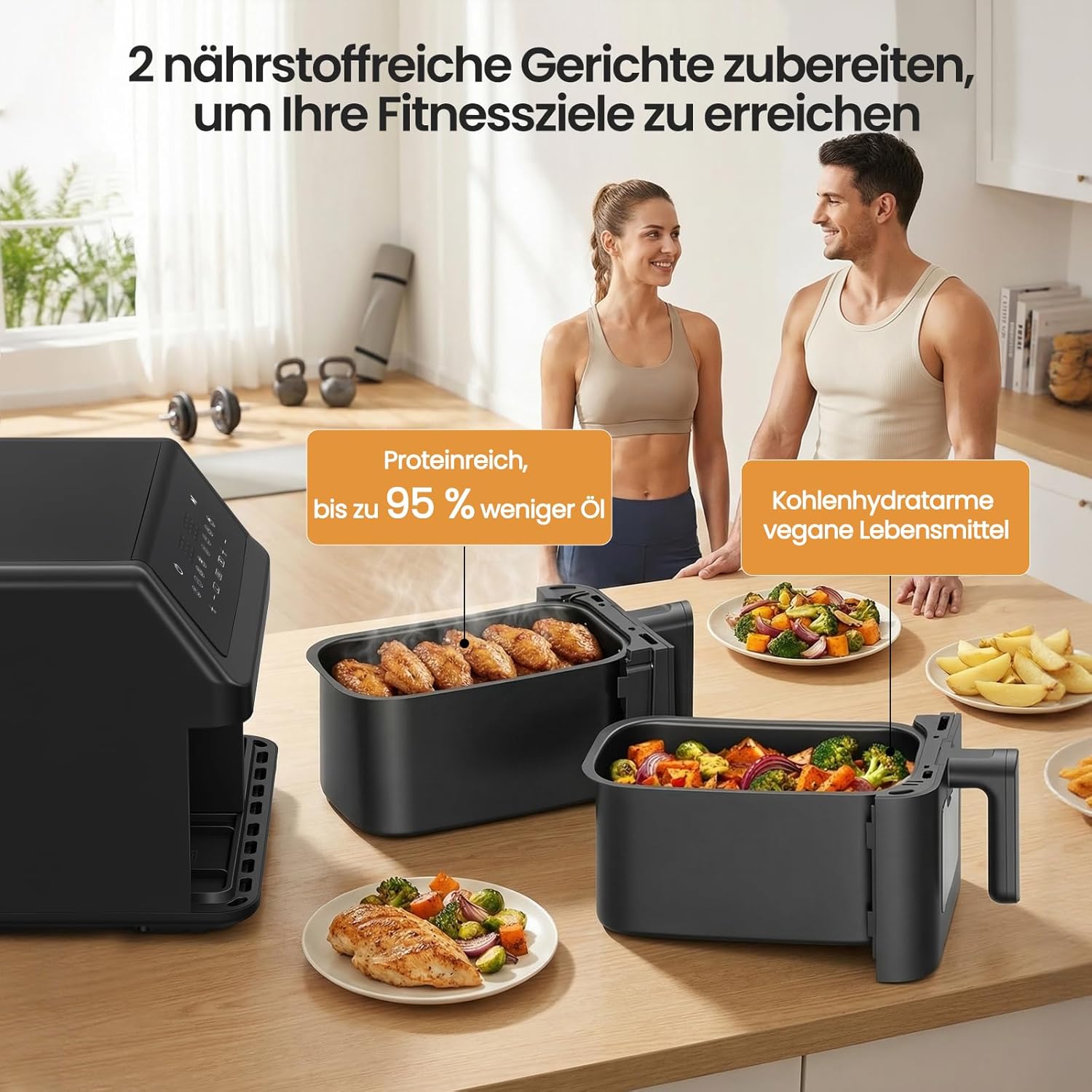 LLIVEKIT 9L Doppelkammer-Heißluftfritteuse, 2 x 4,5 L Airfryer mit automatischer Abschaltung, 4D-Konvektion, 70 % Energieeinsparung, 8 Programme, Sync-Finish, spülmaschinenfest, PFOA-frei – Bild 3