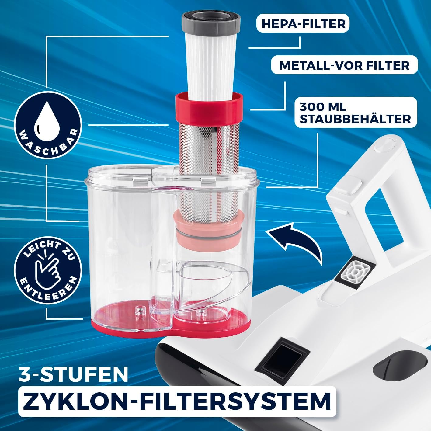 CLEANmaxx Milbensauger für Matratzen mit UV-C-Licht, Rotation, Matratzenreiniger mit HEPA-Filter, entfernt 99,9 % aller Milben, Matratzensauger mit Ultraschall, Hitze & Vibration – Bild 9