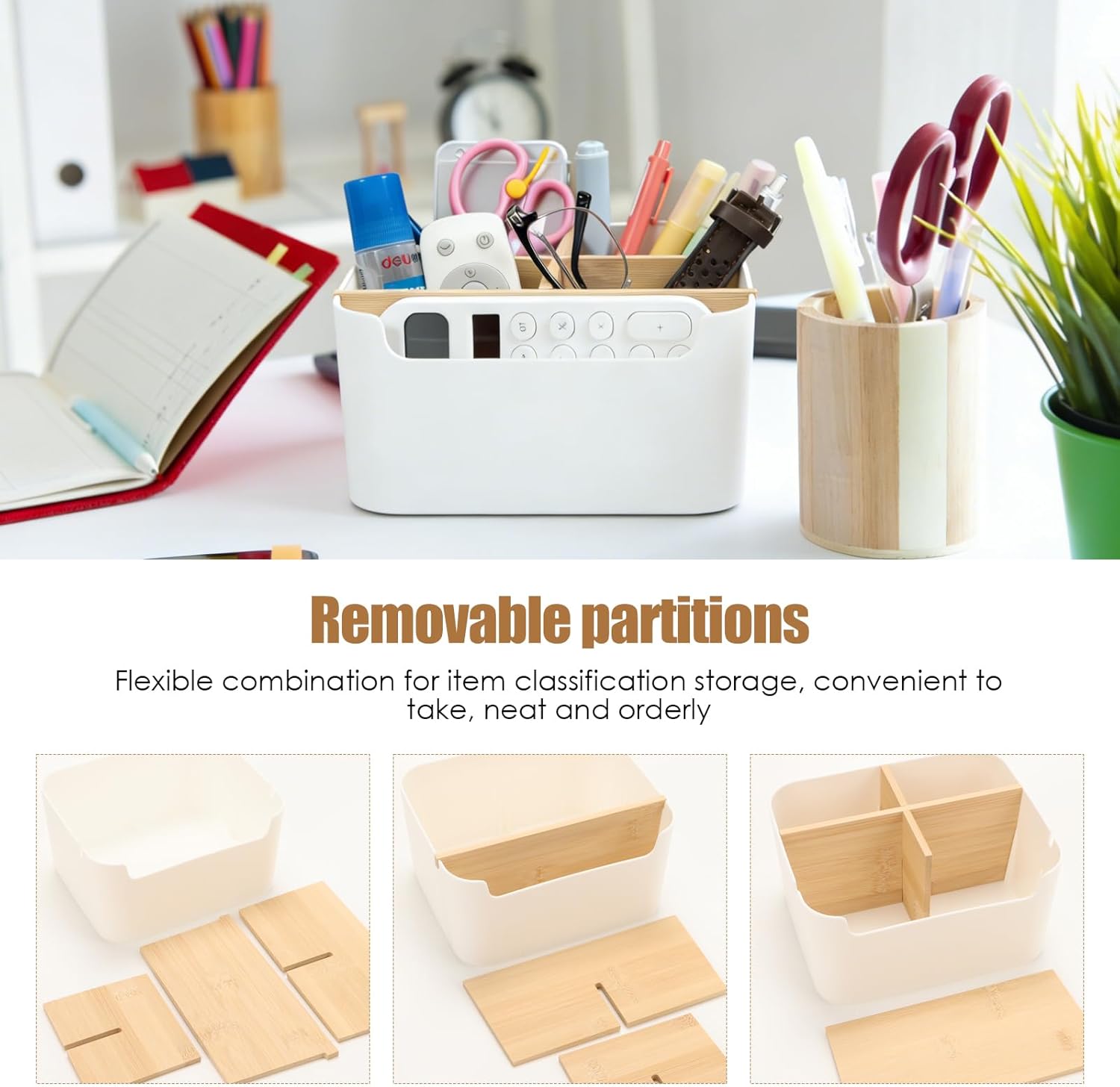 AKONE 5 Fächer Stifte Organizer, Bambus Schreibtisch Organizer mit abnehmbaren Trennwänden, Platzsparender Stiftehalter, Multifunktionaler Kosmetikhalter für Make up Pinsel, Büro Zubehör & mehr – Bild 6
