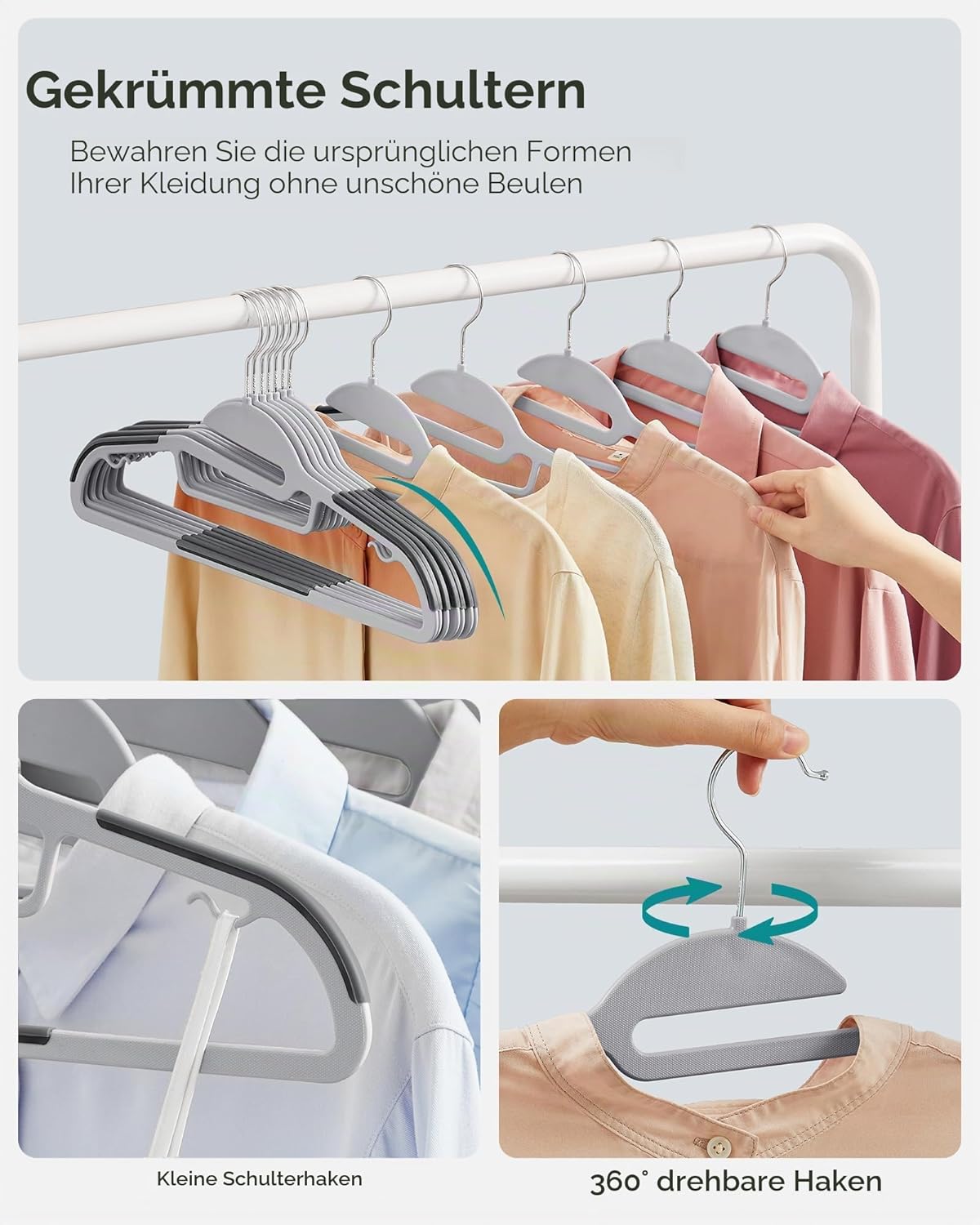 SONGMICS 20 Stück Kleiderbügel aus Kunststoff, strapazierfähig, S-förmige Öffnung, rutschfest, 0,5 cm dick, platzsparend, 360° drehbarer Haken, 41,5 cm breit – Bild 4