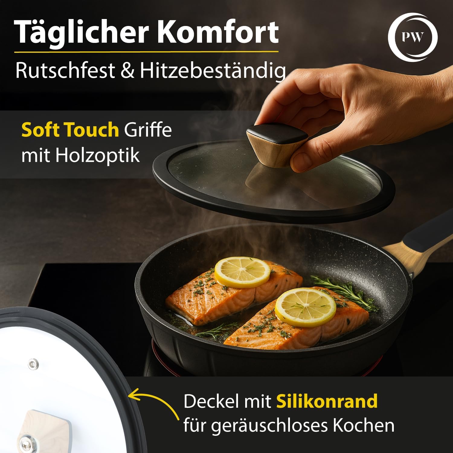 Pela Welle Induktions-Pfannenset, 3 beschichtete Pfannen mit 2 Deckeln, schwarz, Bratpfanne Induktion (5-teilig aus Keramik), Pfannenset mit Deckel, Pfanne ohne PFOA, PFAS, PTFE, Bratpfanne beschichtet – Bild 5