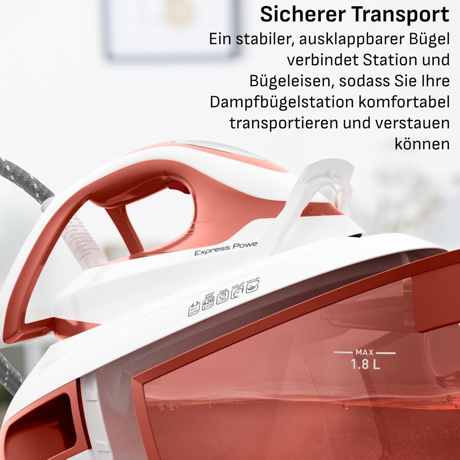 Tefal SV8110 Express Power Dampfbügelstation, 420 g/min Dampfstoß, 120 g/min kontinuierliche Dampfleistung, Smart Temp-Technologie, Kalksammler, XL-Wassertank, Terrakotta/Weiß – Bild 7