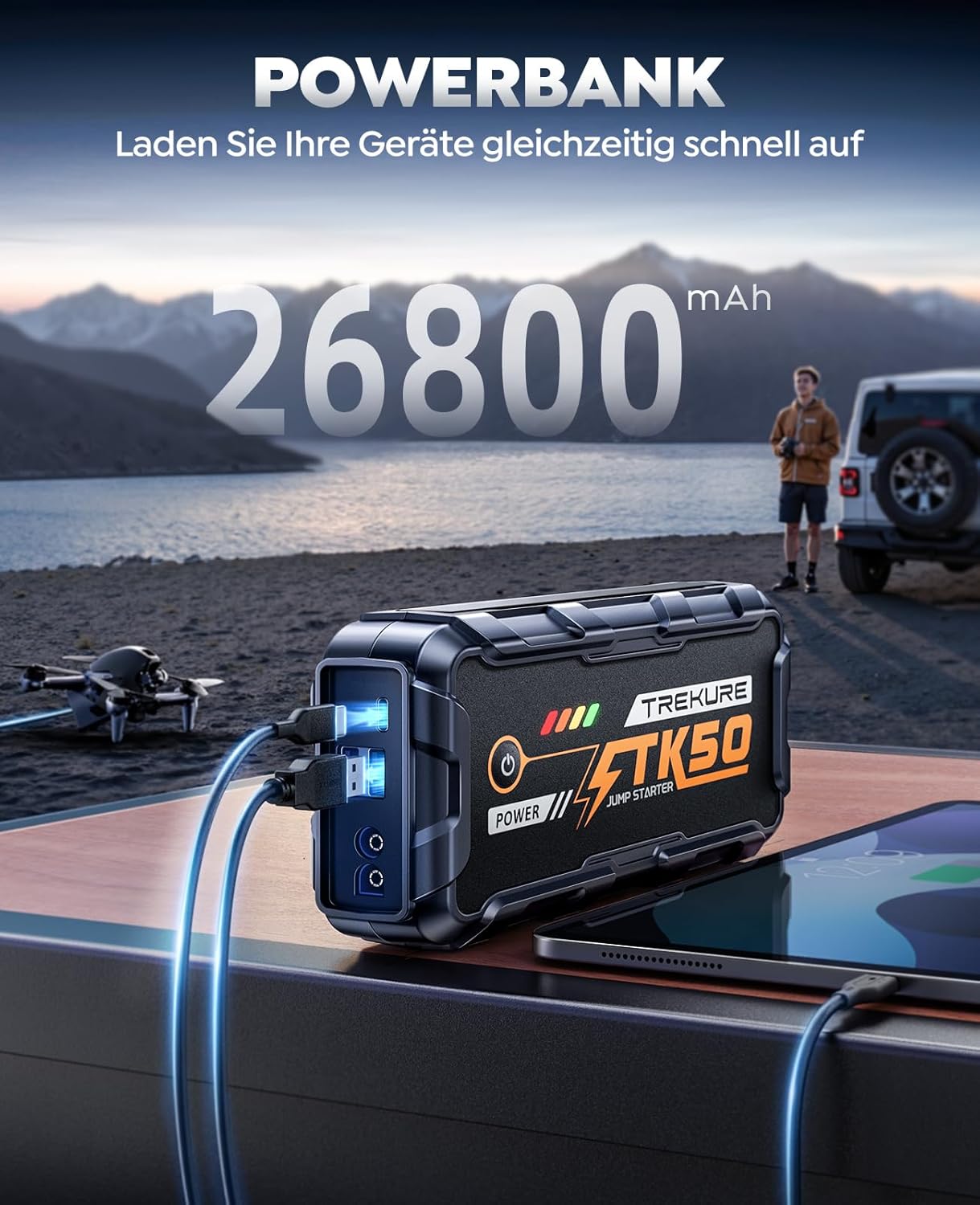 Starthilfe-Powerbank für Autos 8000 A (Alle Benziner/12,0 l Diesel), Auto-Starthilfe 26800 mAh, 12-V-Autobatterie-Booster mit 800-Lumen-Taschenlampe, 2 USB-Ausgänge, verdickte Starthilfekabel, tragbarer Griff – Bild 3