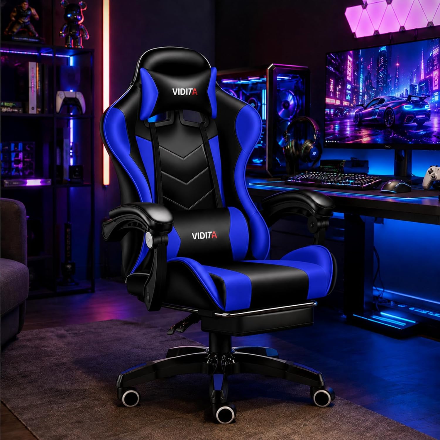 Ergonomischer Gaming-Stuhl mit Fußstütze, verstellbarer Gaming-Stuhl mit Lendenkissen, Kopfstütze und 135°-Rückenlehne, drehbarer Bürostuhl für Büro, Heimbüro und Gaming mit Komfort, Schwarz & Blau, 150 – Bild 2