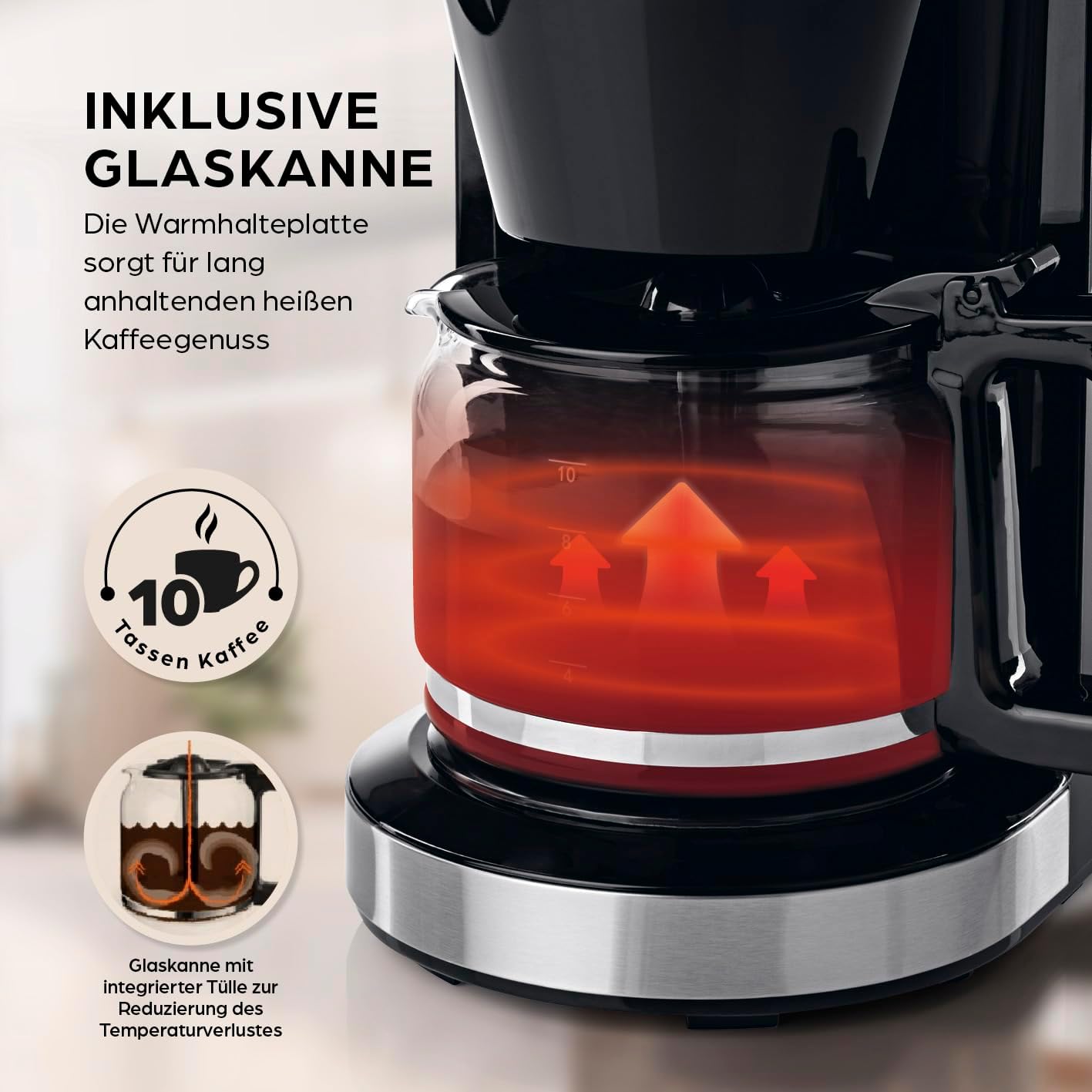 Barista-Filterkaffeemaschine mit verstellbarem Mahlwerk (Pro-Design) | Warmhaltefunktion, 24-Stunden-Timer und Permanentfilter | Für 10 Tassen Kaffee | Kaffeemaschine für Bohnen und Pulver (Edelstahl) – Bild 3