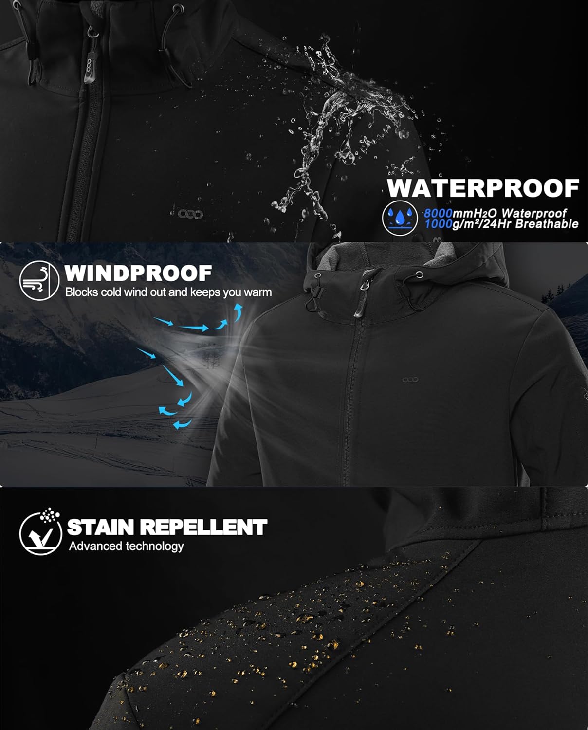 33.000 Fuß wasserdichte, atmungsaktive Softshelljacke für Herren, Übergangsjacke, winddichte Regenjacke, Wanderjacke mit Kapuze – Bild 3