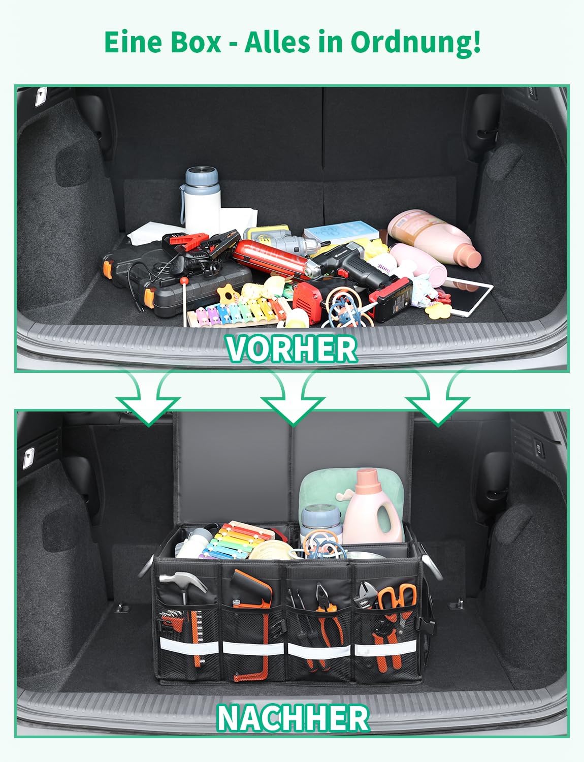 Oasser Kofferraum-Organizer mit Deckel, Kofferraum-Organizer, Autotasche, Kofferraumbox, praktisch, wasserdicht, rutschfest, faltbar, mit Aluminium-Griffen, reflektierende Streifen – Bild 5