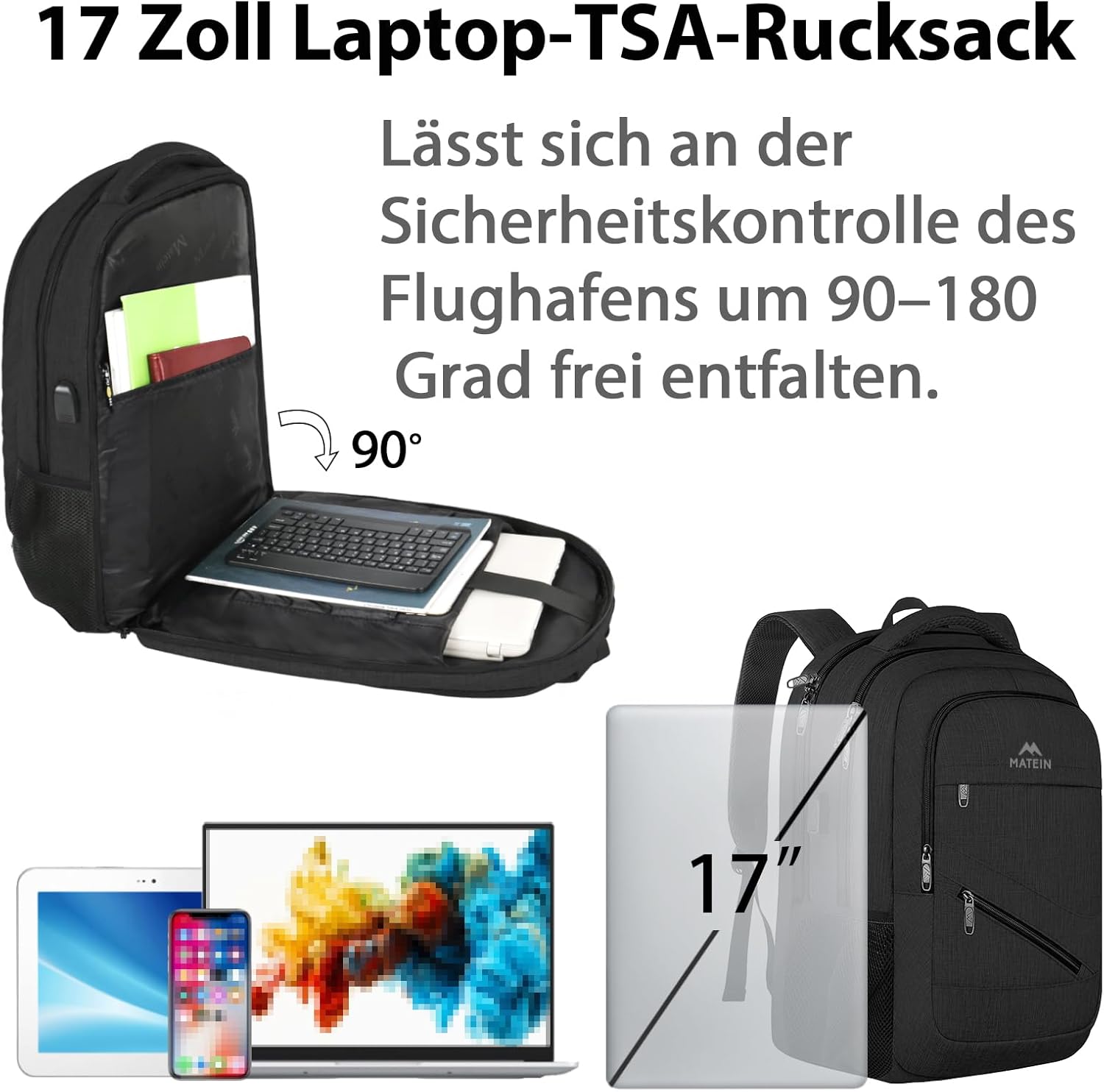 MATEIN Herren Laptop Rucksack 17 Zoll Wasserdicht Arbeitsrucksack Herren Groß Laptop Rucksack Diebstahlsicher Schulrucksack Teenager Laptop Rucksack Arbeit Business Schule Schwarz – Bild 2