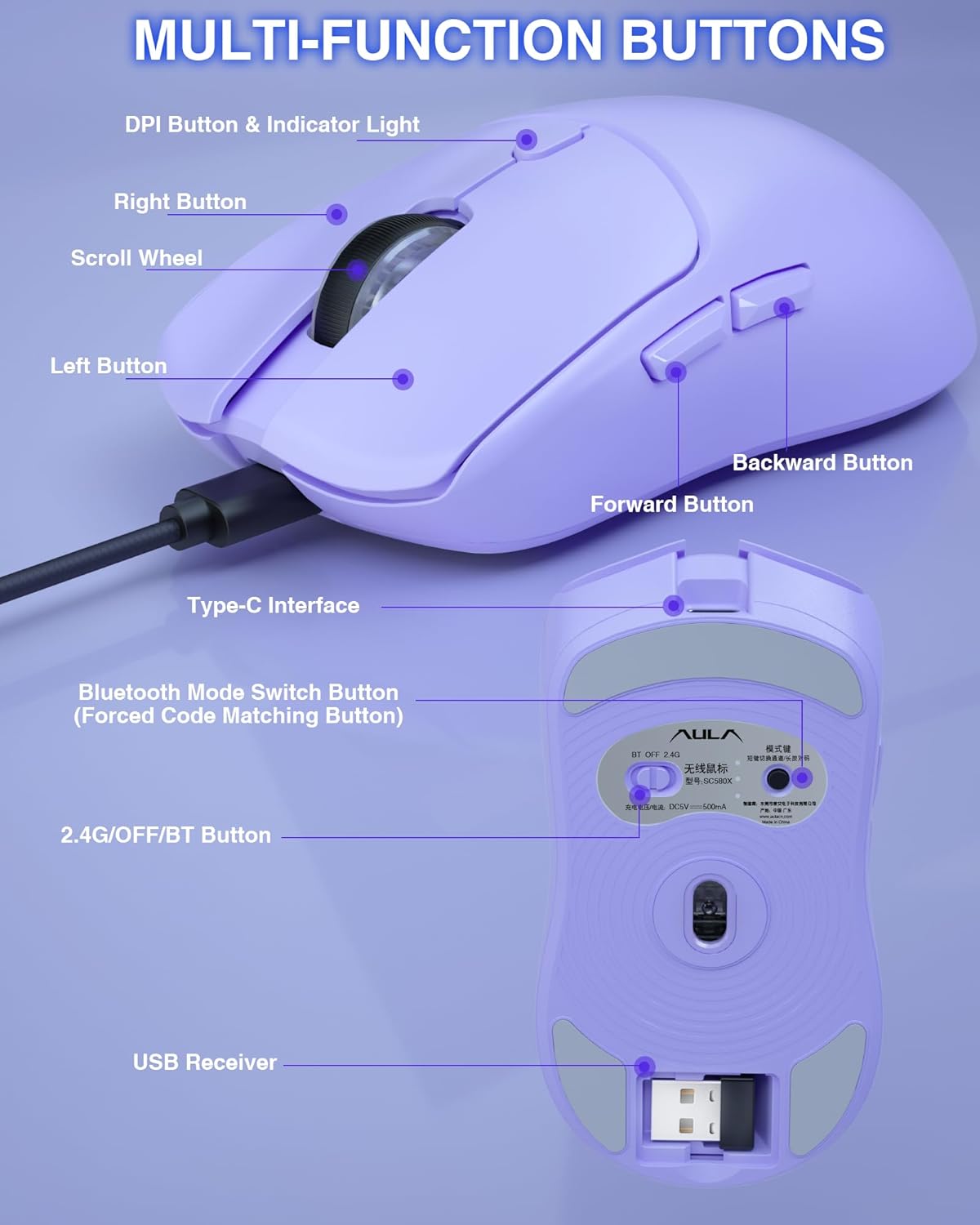 AULA SC580 Kabellose Gaming-Maus, 2,4 GHz/USB-C/BT Kabellose Gaming-Maus, 12000 DPI, 6 programmierbare Tasten, kabellose Maus für PC/Mac-Gamer (lila) – Bild 8