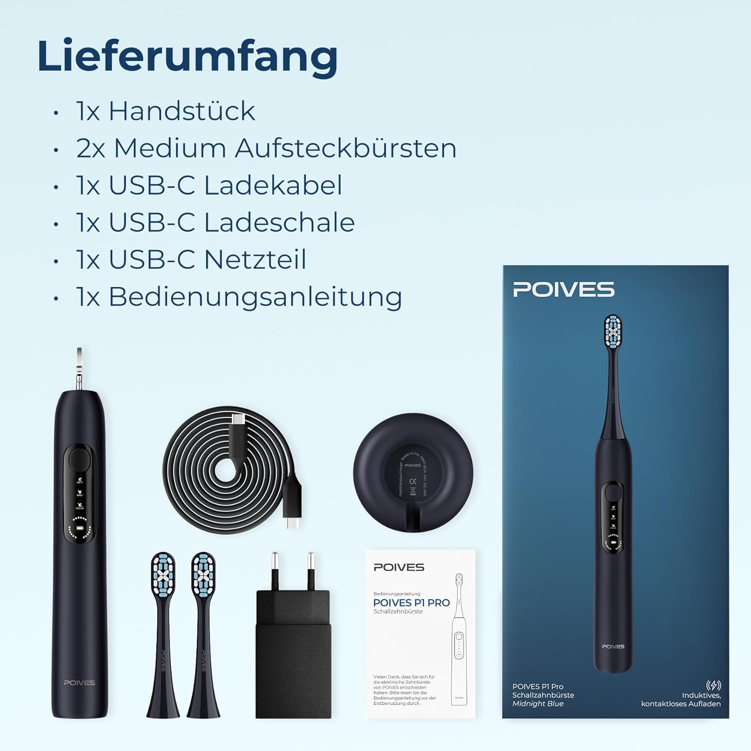 Schallzahnbürste P1 Pro Testsieger 2026 – Bestnote Sehr gut, Drucksensor schont die Zähne, Ultraschall-Elektrozahnbürste, Mitternachtsblau – Bild 8