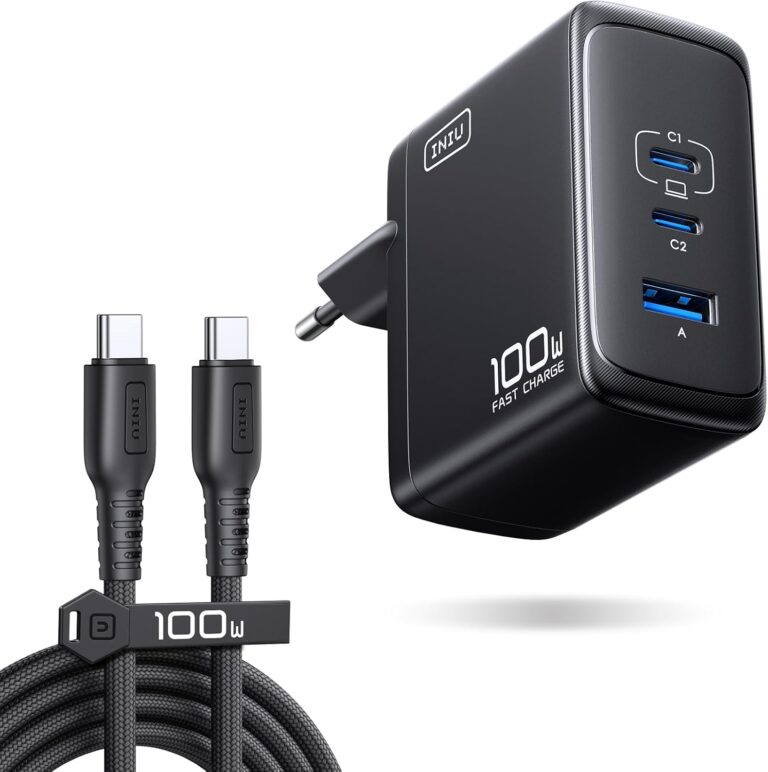 INIU USB C Ladegerät, 100W 3-Port Laptop Schnellladegerät mit USB C Kabel, GaN Mehrfachnetzteil für MacBook Air Pro, iPad, iPhone 17 16 15 Pro Max, Samsung Galaxy S25 S24 Ultra, Pixel, Switch 2 usw