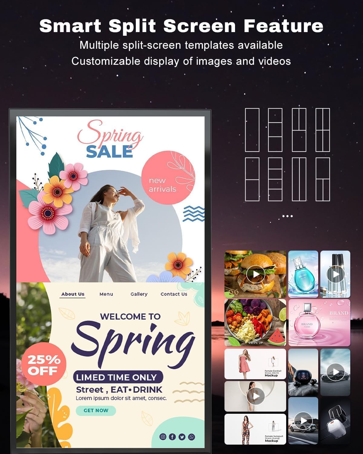 4K-UHD-Vollbild-Digital-Signage, 75-Zoll-Digital-Kundenstopper für den Innenbereich mit Android, beweglicher Werbeplakatständer mit Rollen, LCD-Digital-Kiosk mit Zeitschaltuhr, WLAN/USB/HDMI/Eingang, Schwarz – Bild 3