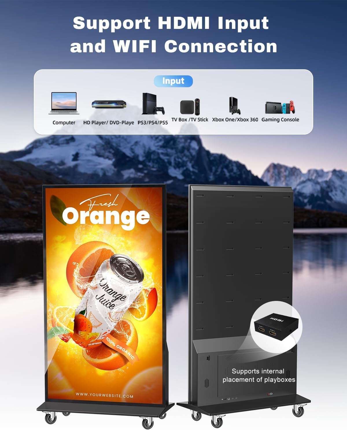 4K-UHD-Vollbild-Digital-Signage, 75-Zoll-Digital-Kundenstopper für den Innenbereich mit Android, beweglicher Werbeplakatständer mit Rollen, LCD-Digital-Kiosk mit Zeitschaltuhr, WLAN/USB/HDMI/Eingang, Schwarz – Bild 4