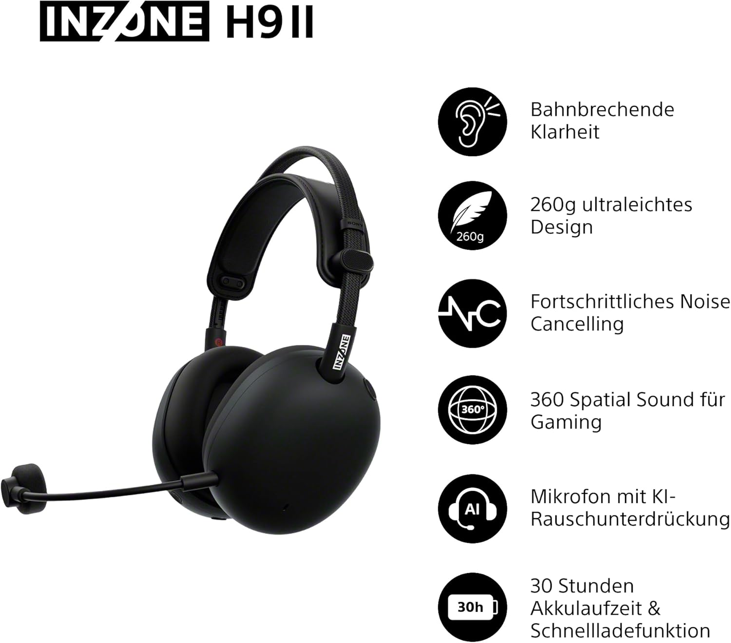Sony INZONE H9 II Kabelloses PC-Gaming-Headset mit Geräuschunterdrückung, leicht, einstellbarer Sound-EQ, abnehmbares Nieren-KI-Mikrofon, 30-Stunden-Akku, 2,4 GHz und Bluetooth, inklusive Softcase, Schwarz – Bild 2