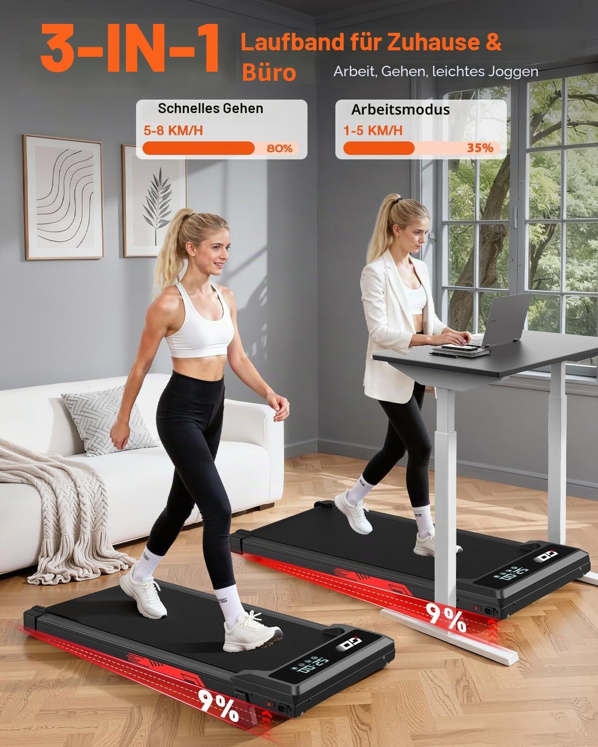 Zusammenklappbares elektrisches Laufband mit 9 % Steigung, Gehpad leise 1–10 km/h für Zuhause und Büro, bürstenloser 3,0-PS-Motor, LED-Anzeige, Stoßdämpfung, bis zu 140 kg – Bild 4