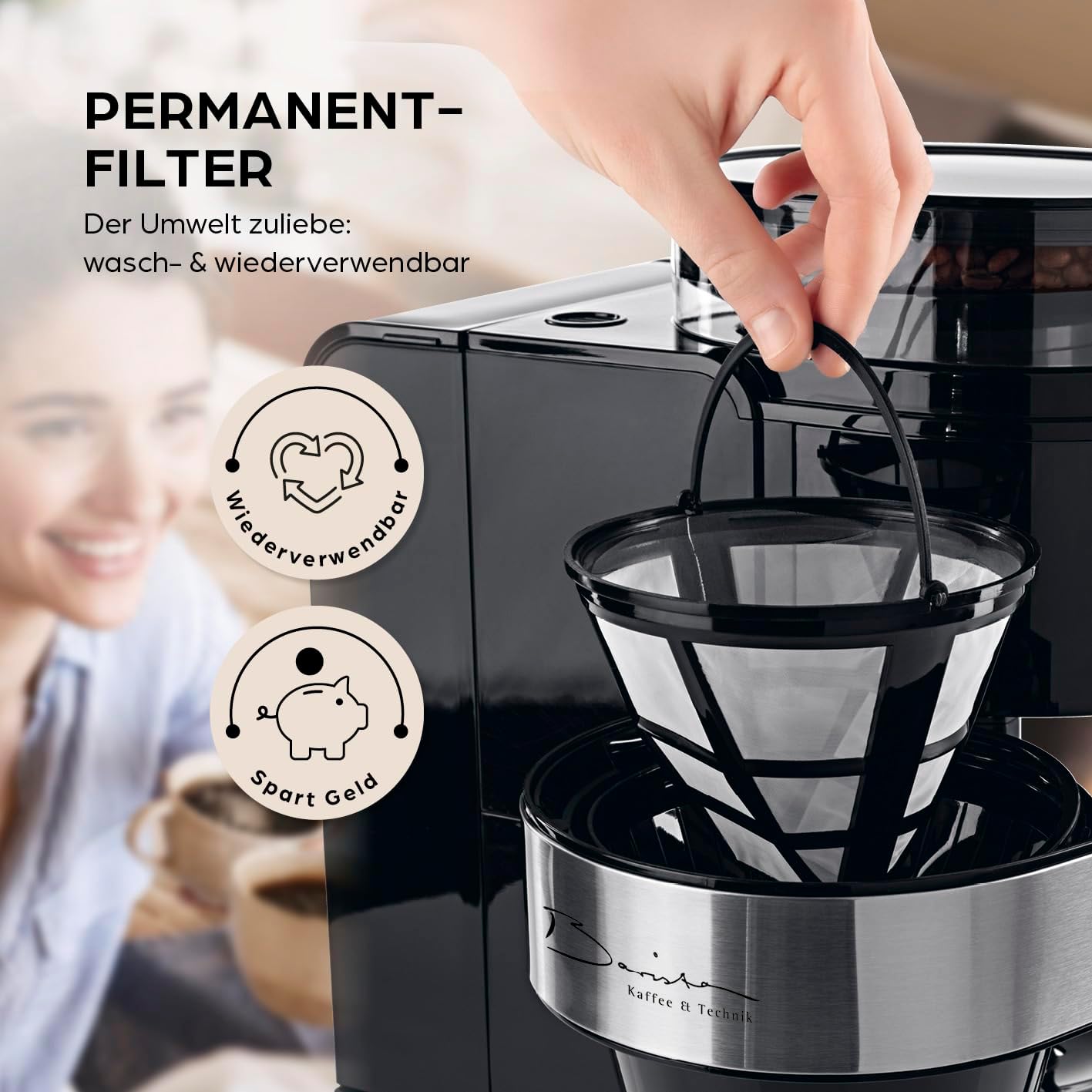 Barista-Filterkaffeemaschine mit verstellbarem Mahlwerk (Pro-Design) | Warmhaltefunktion, 24-Stunden-Timer und Permanentfilter | Für 10 Tassen Kaffee | Kaffeemaschine für Bohnen und Pulver (Edelstahl) – Bild 7