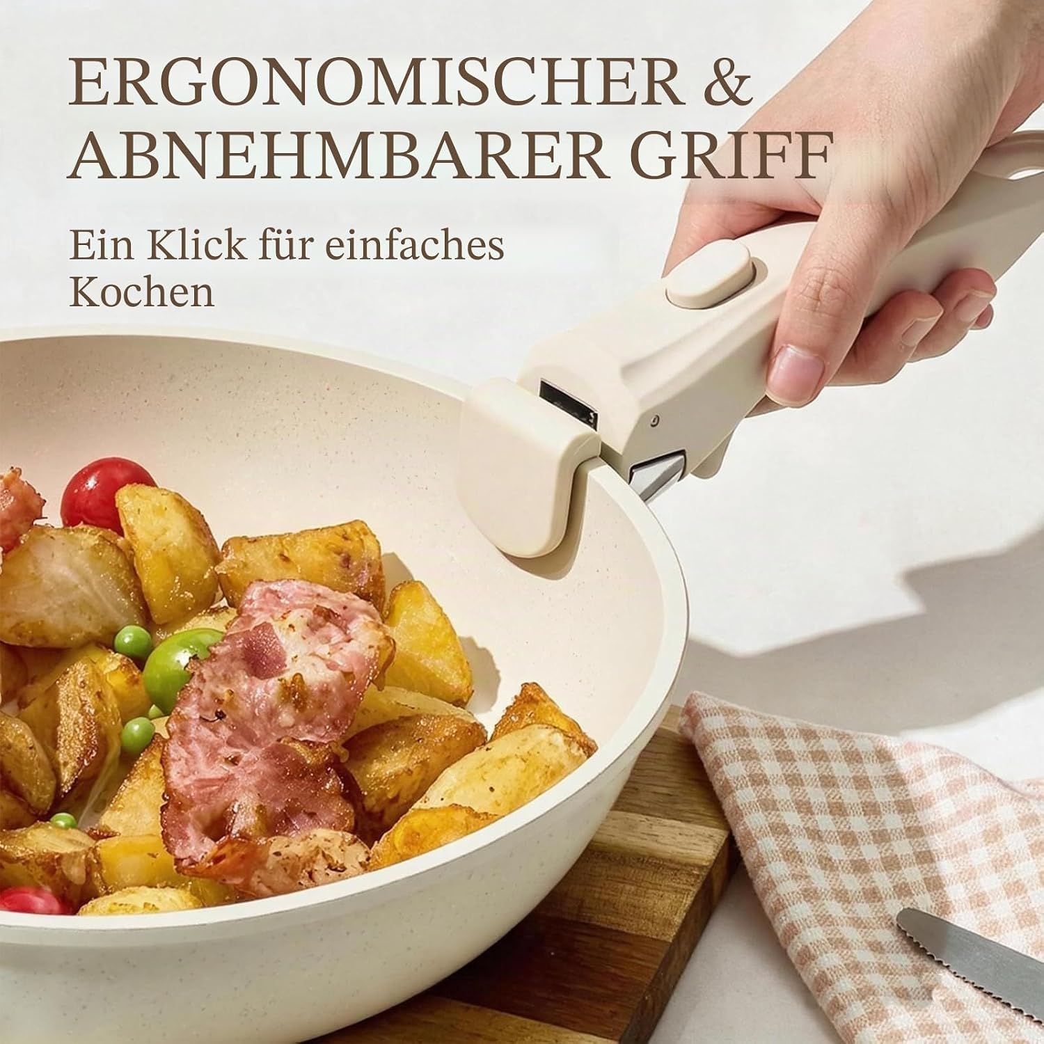 Keramik-Pfannenset mit abnehmbarem Griff, Induktion, 8-teilige Topfsets, platzsparendes Kochgeschirr, Bratpfannen, ofen- und spülmaschinenfest, PFAS/PFOA-frei, Cremeweiß – Bild 4