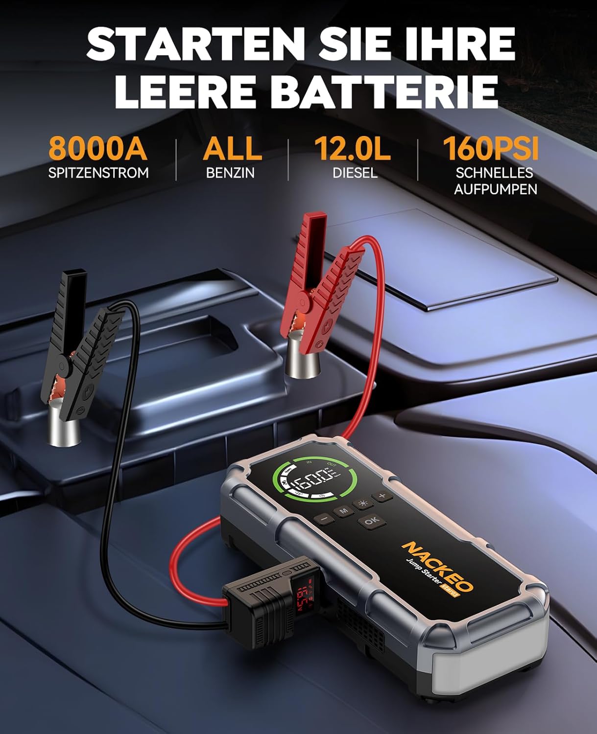 8000 A Starthilfe-Powerbank mit Kompressor 160 PSI, 12 V Auto-Starthilfe-Powerbank für alle Benziner und 12 l Diesel, 20000 mAh Starthilfe mit Starthilfekabel, 600 Lumen LED-Licht und LCD-Bildschirm – Bild 2