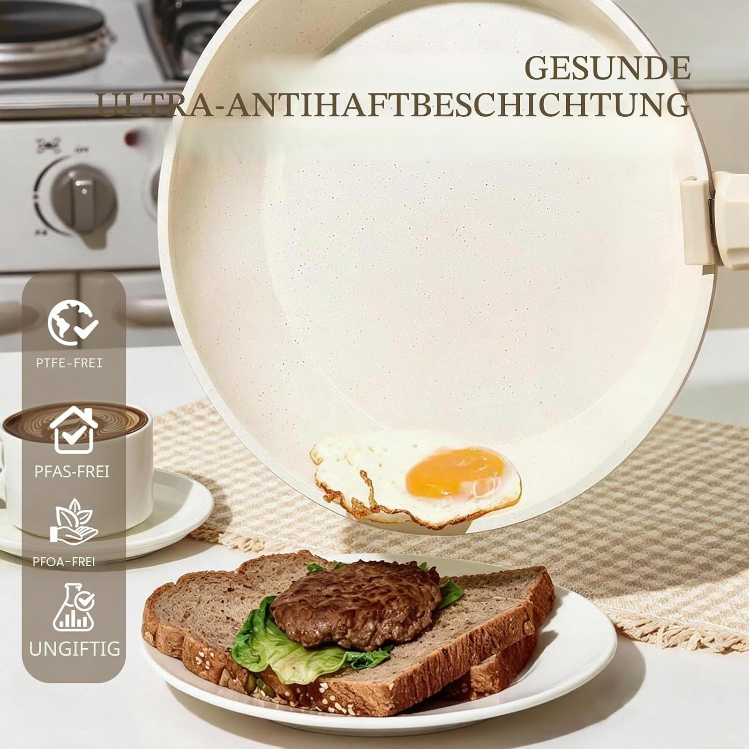 Keramik-Pfannenset mit abnehmbarem Griff, Induktion, 8-teilige Topfsets, platzsparendes Kochgeschirr, Bratpfannen, ofen- und spülmaschinenfest, PFAS/PFOA-frei, Cremeweiß – Bild 3