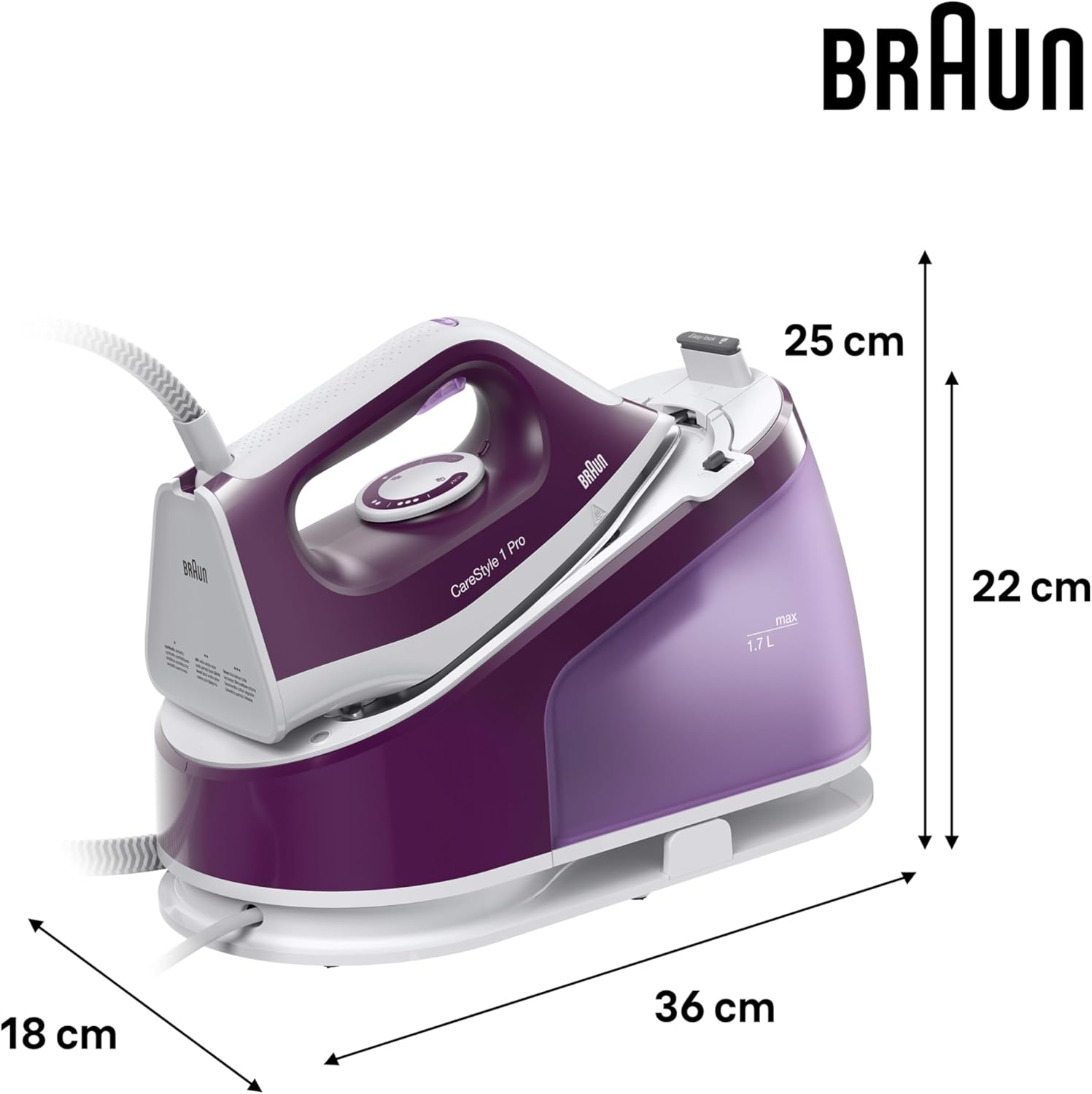 Braun CareStyle 1 Pro IS1514 VI Dampfbügeleisen – Dampfbügeleisen mit FreeGlide 3D-Technologie, Vertikaldampf, Anti-Tropf-Funktion, 1,7 l Wassertank, 6 bar, 120 g/min, 2200 W, Lila – Bild 7