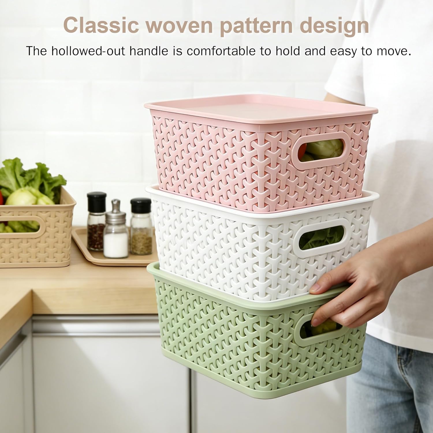 LYLIDIA 5 Stück Aufbewahrungsbox mit Deckel, kleiner Korb, 4 L Box Aufbewahrungskorb im Rattan-Design, stapelbare Box PP-Kunststoff, Organizer-Körbe, Stapelboxen mit Griffen, 25 x 17 x 10,5 cm (buntes Set). – Bild 4
