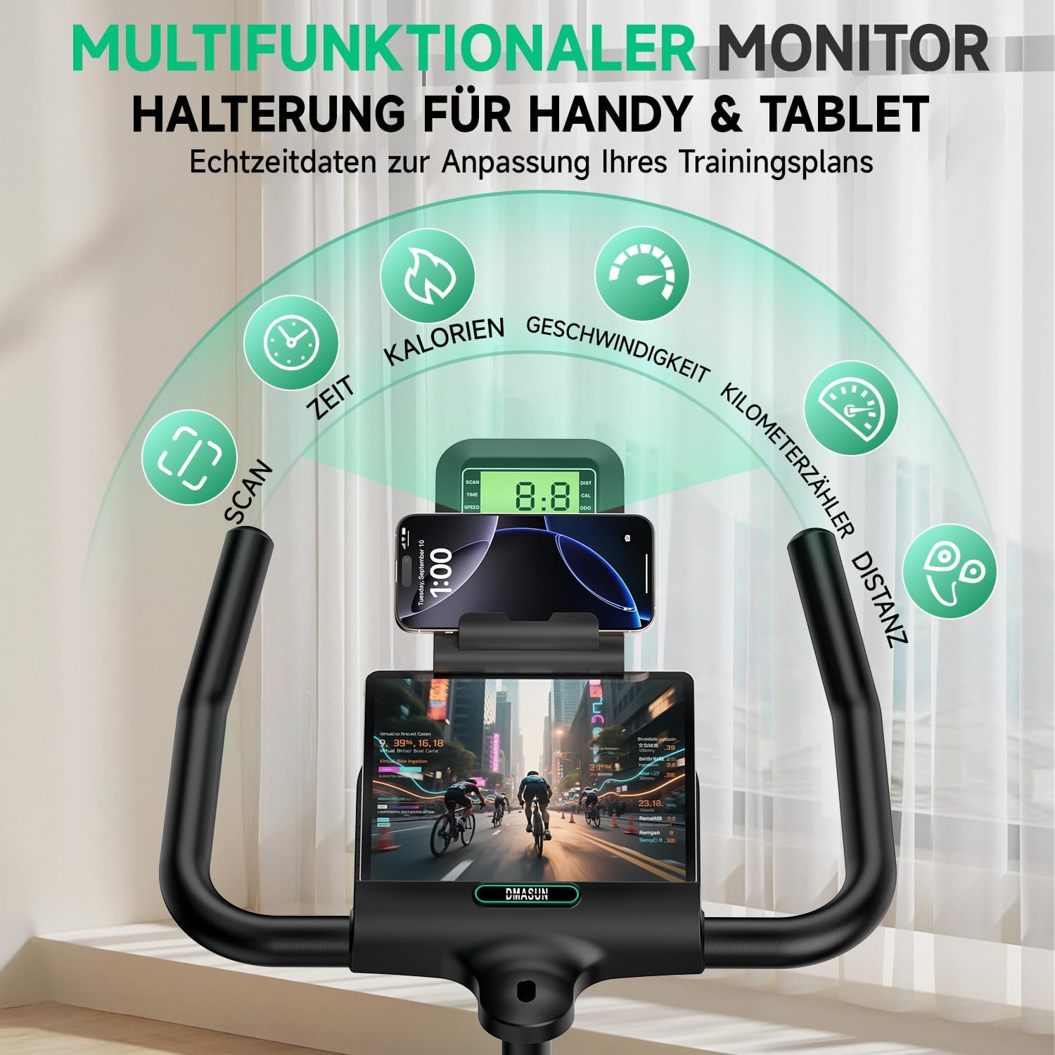 DMASUN Leises Ergometer-Heimtrainer-Fahrrad mit 0-100 % Widerstand, Display & Tablet-Halterung, Cardio-Training-Indoor-Cycling-Fahrrad mit bequemem Sitz, bis zu 160 kg – Bild 7