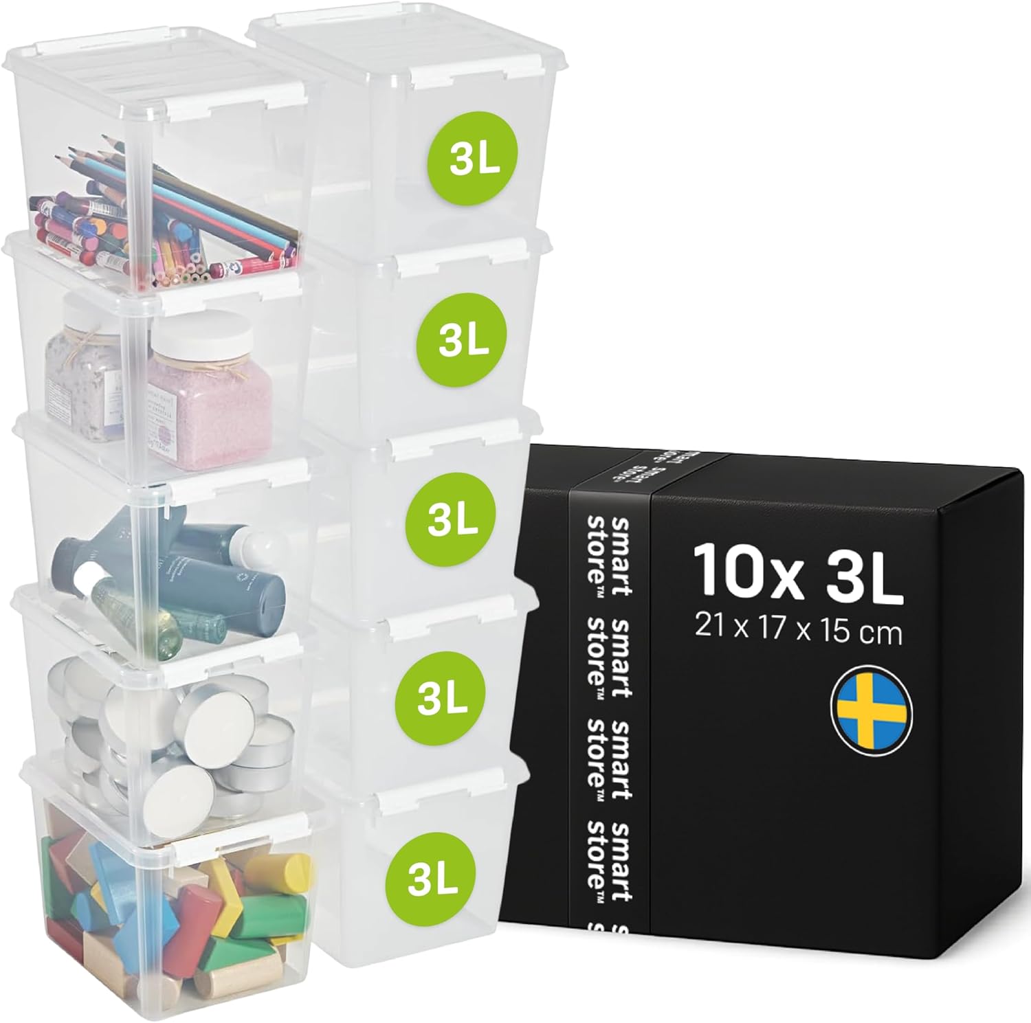 SmartStore - 10 x Aufbewahrungsbox mit Deckel, Classic 3 L (21 x 17 x 15 cm), stapelbare Box mit Deckel, lebensmittelechte Kunststoffbox, Kunststoffbox mit Deckel und verstärkten Ecken