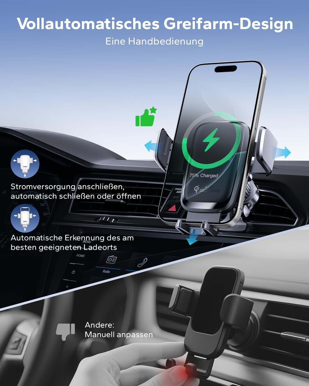 KPON 15W Qi Handyhalterung Auto mit Ladefunktion, Induktive Ladestation Auto mit Saugnapf und Clip, Automatische Klemmung Auto Wireless Charger für iPhone 17/16/15/14/13, Samsung (Ohne Zigarettenanzünder) – Bild 3