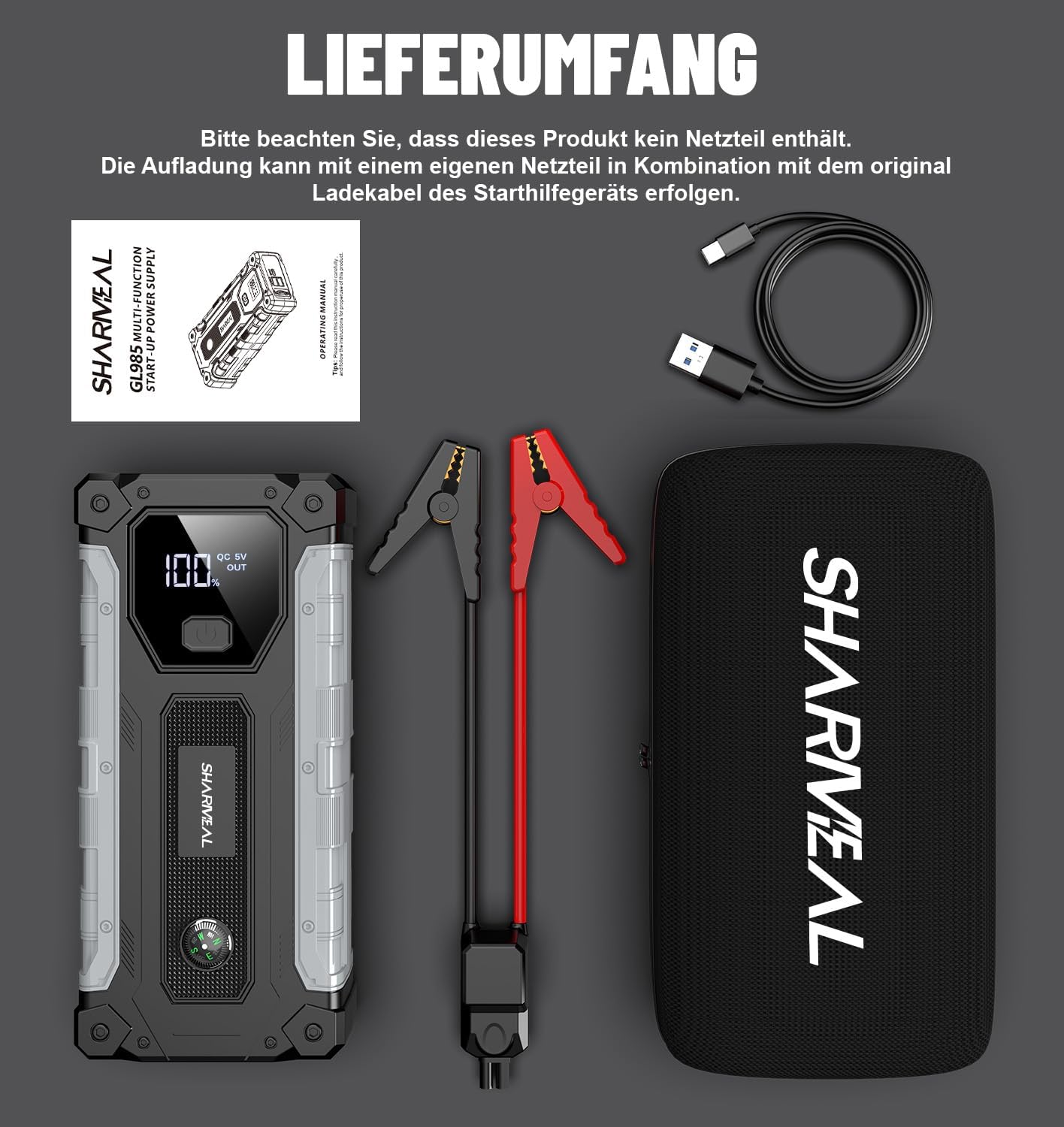 SHARMEAL 8000 A Starthilfe-Powerbank für Autos, 12-V-Auto-Starthilfe-Powerbank (für alle Benzinmotoren oder bis zu 10,0 l Diesel), Booster-Auto-Starthilfe mit LCD-Bildschirm und LED-Taschenlampe – Bild 9