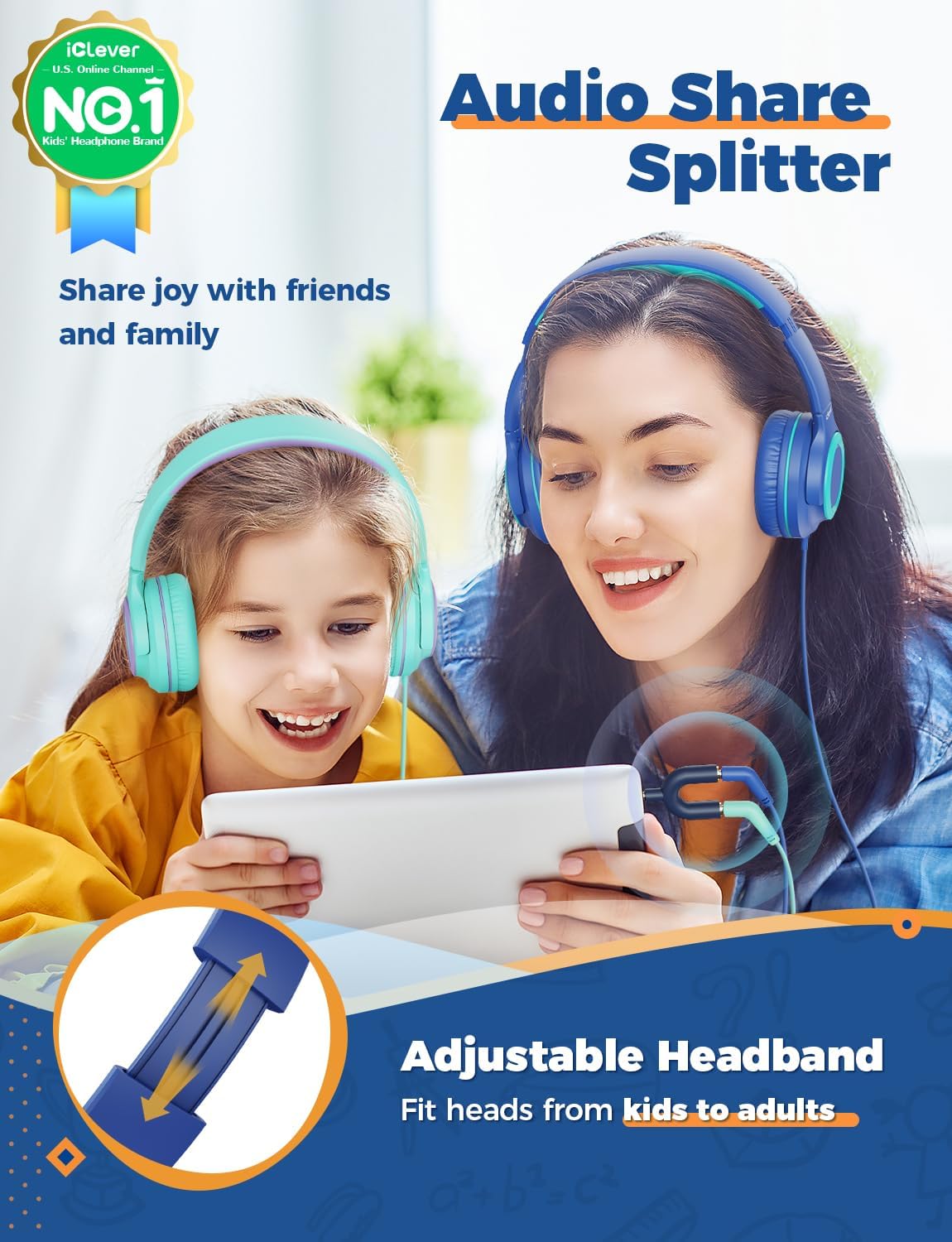 iClever Kinder-Kopfhörer mit Sharing-Splitter (2er-Pack) – 85 dBA sichere Lautstärke begrenzt – HS22-Kopfhörer für Kinder mit Kabel, verwirrungsfreier 3,5-mm-Klinkenstecker, faltbare Stereoanlage für Schule/Tablet/Reisen – Bild 2