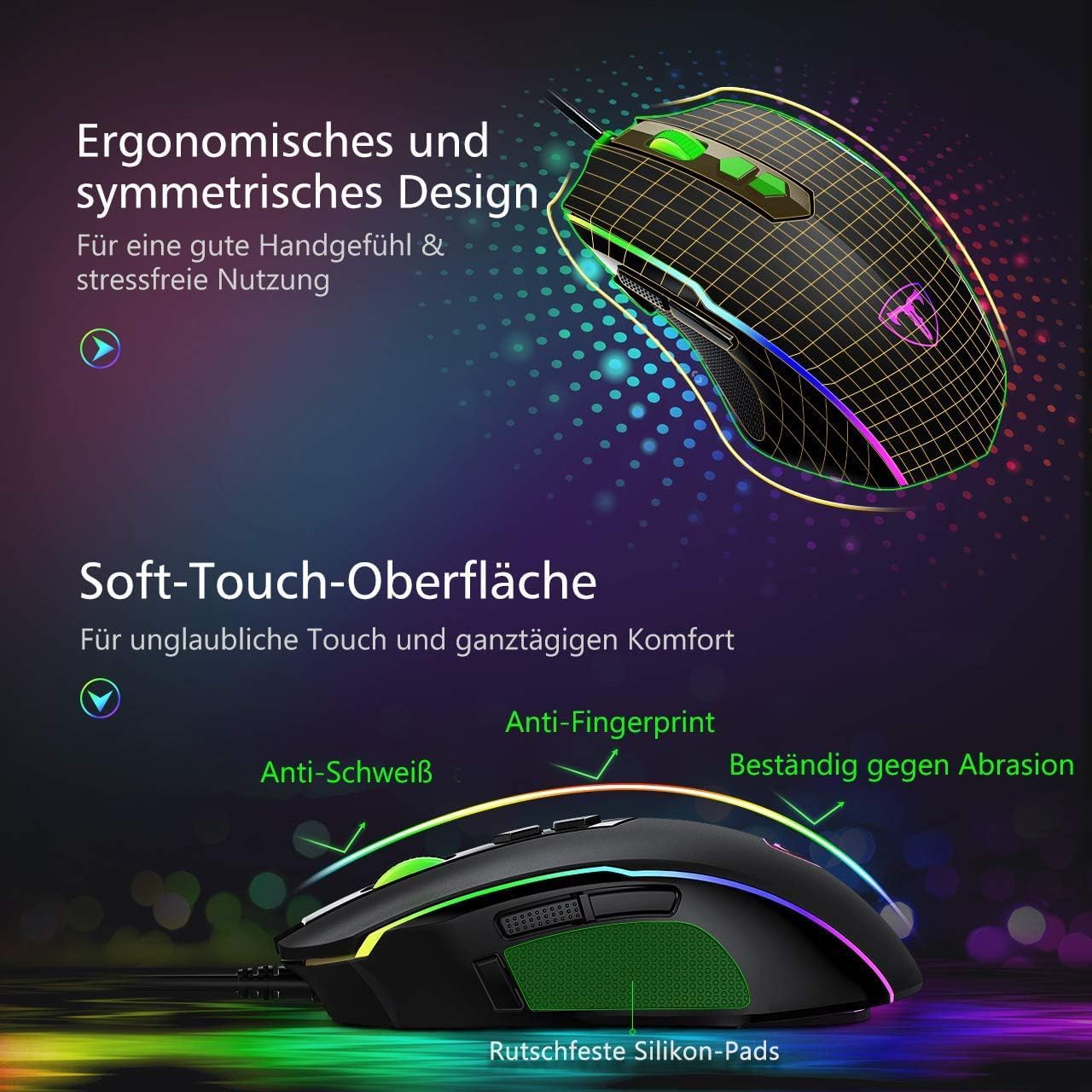 RGB-Gaming-Maus, Gamer-Maus mit 8 programmierbaren Tasten, 7200 DPI/RGB-Beleuchtung/einstellbare Spielprofile, USB-Kabel mit ergonomischem Design für MMO-, MOBA- oder FPS-Spiele für PC/Mac – Bild 5