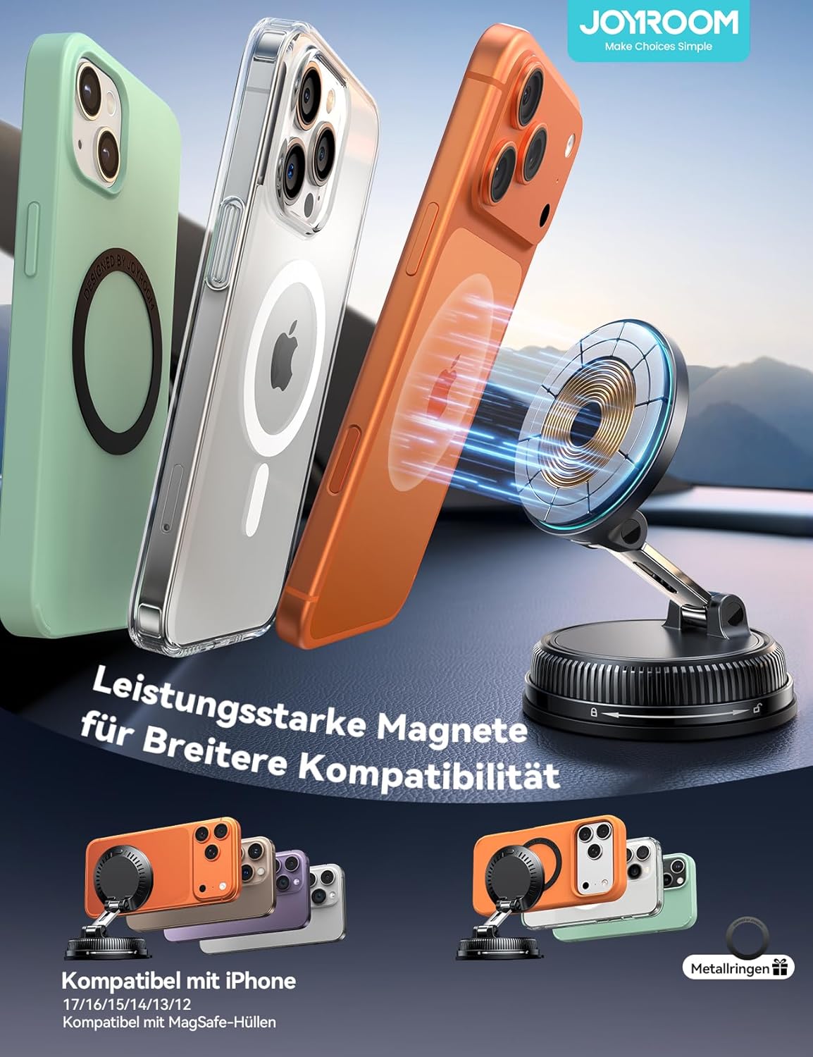 JOYROOM Magsafe Autohalterung mit Ladefunktion 15W, Vakuum & stärkste Gel-Handyhalterung Auto mit Ladefunktion, 360° drehbares & faltbares Ladegerät magnetische Handyhalterung für Auto iPhone 17-12 – Bild 8