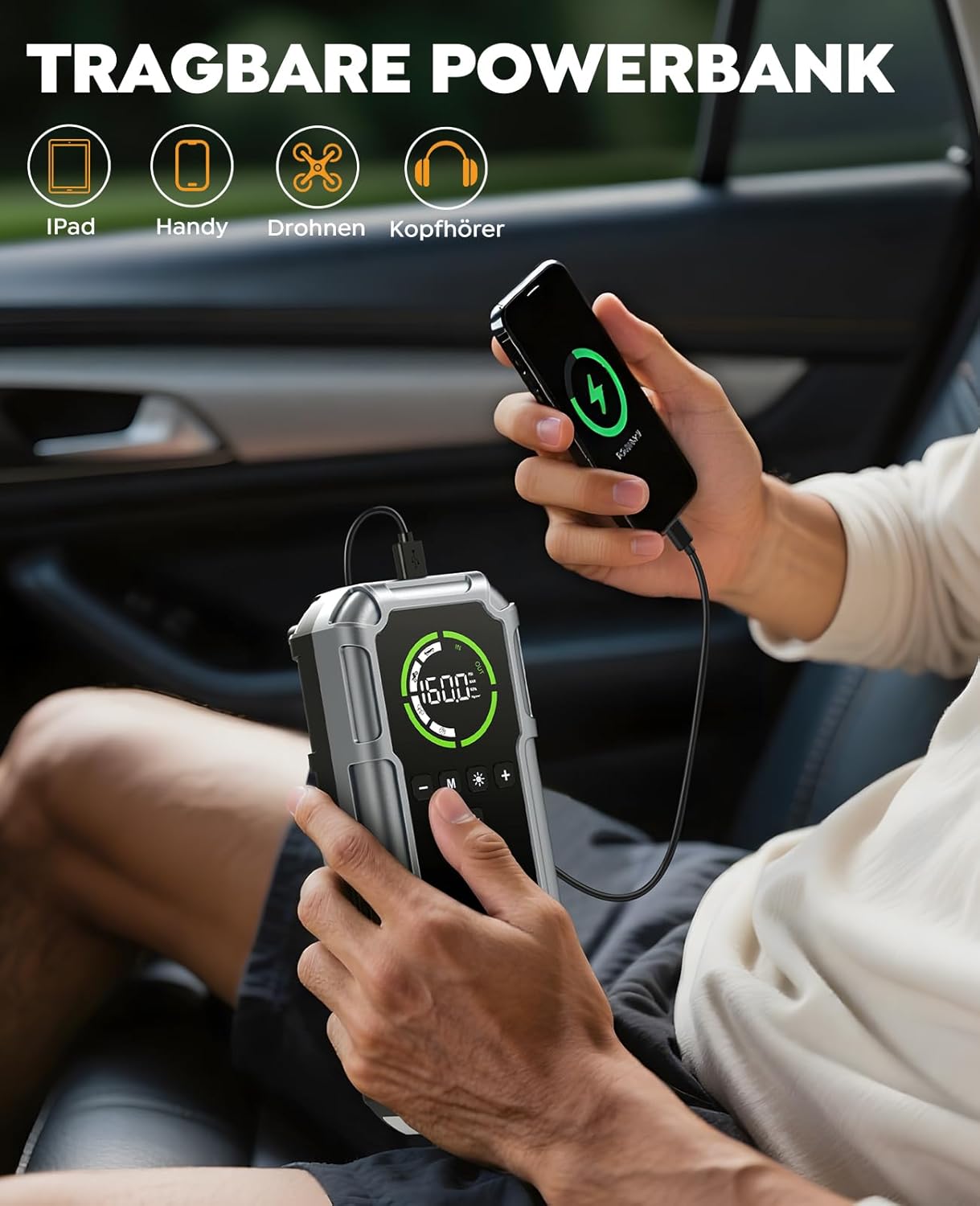 8000 A Starthilfe-Powerbank mit Kompressor 160 PSI, 12 V Auto-Starthilfe-Powerbank für alle Benziner und 12 l Diesel, 20000 mAh Starthilfe mit Starthilfekabel, 600 Lumen LED-Licht und LCD-Bildschirm – Bild 4