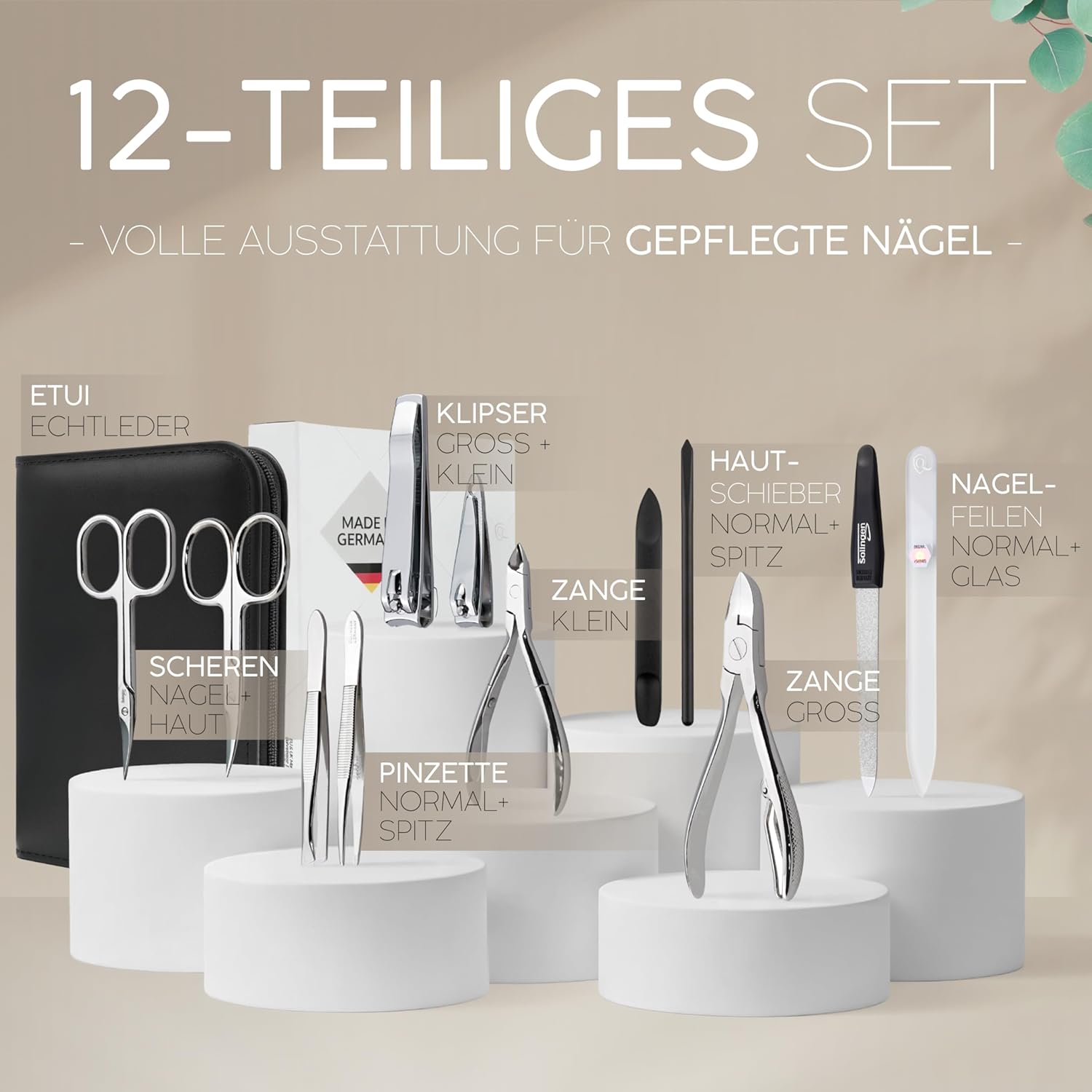 MarQus Solingen Komplett-Maniküre-Set 12-teilig – Made in Germany – Nagelpflege-Set im hochwertigen Lederetui – Komplettset und perfektes Geschenk für Damen und Herren. Schwarz – Bild 3