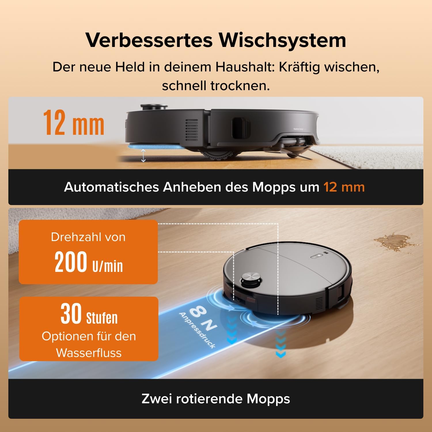 roborock Qrevo Edge 2 Set Saugroboter mit Wischfunktion&Hebarem Wischmopp, 25.000 Pa, Anti-Tangle, ultraflach 7,98 cm, 80 °C Heißwasser-Moppwäsche, FlexiArm-Technologie, AI-Hinderniserkennung(Schwarz) – Bild 3