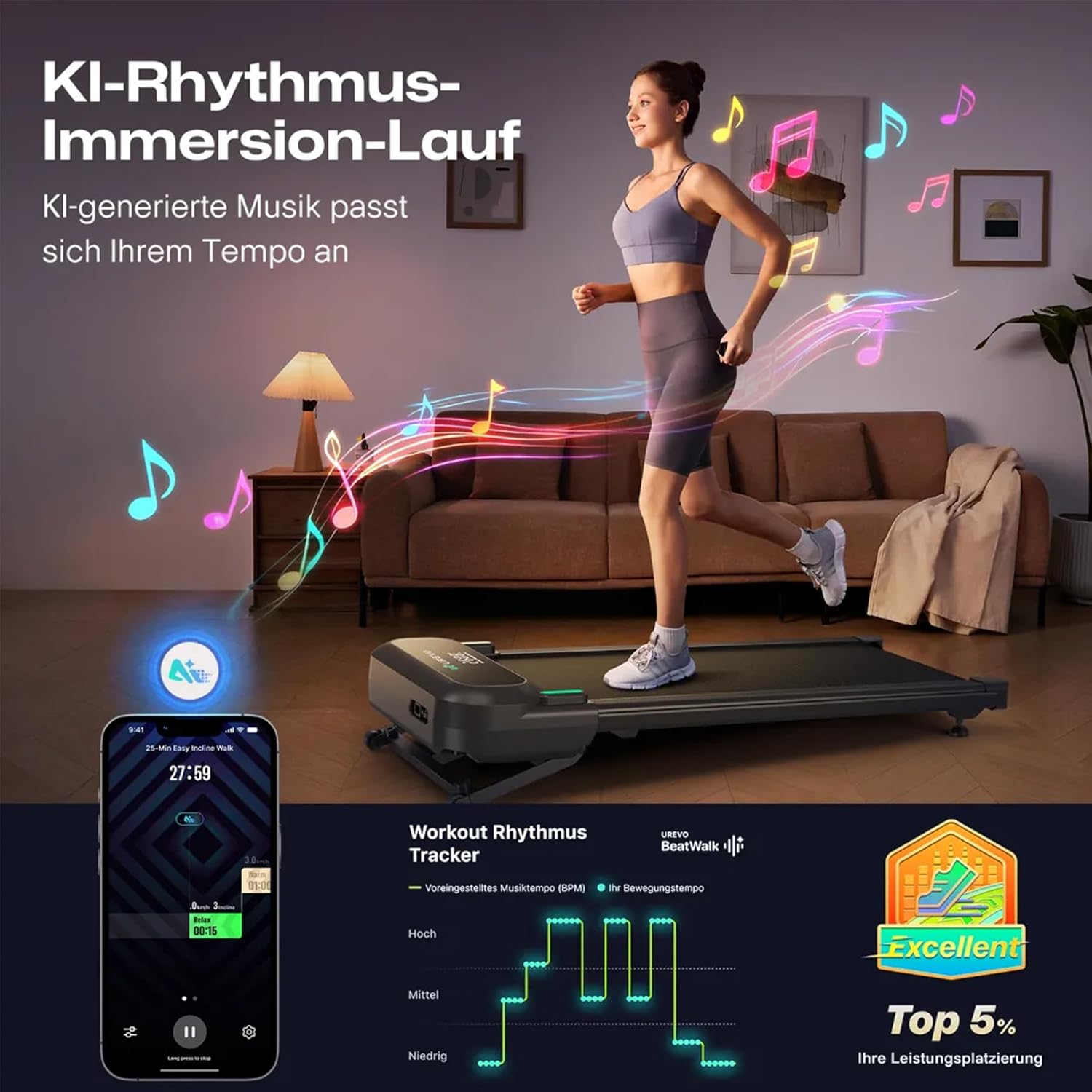 UREVO Automatische Steigung Walking Pad Mit KI-App, Laufband Schreibtisch, Leises Laufband mit bürstenlosem Motor für Wohnungen, kleine Räume und Homeoffice, 12-Punkt-Stoßdämpfung & virtuelles Wandern – Bild 2