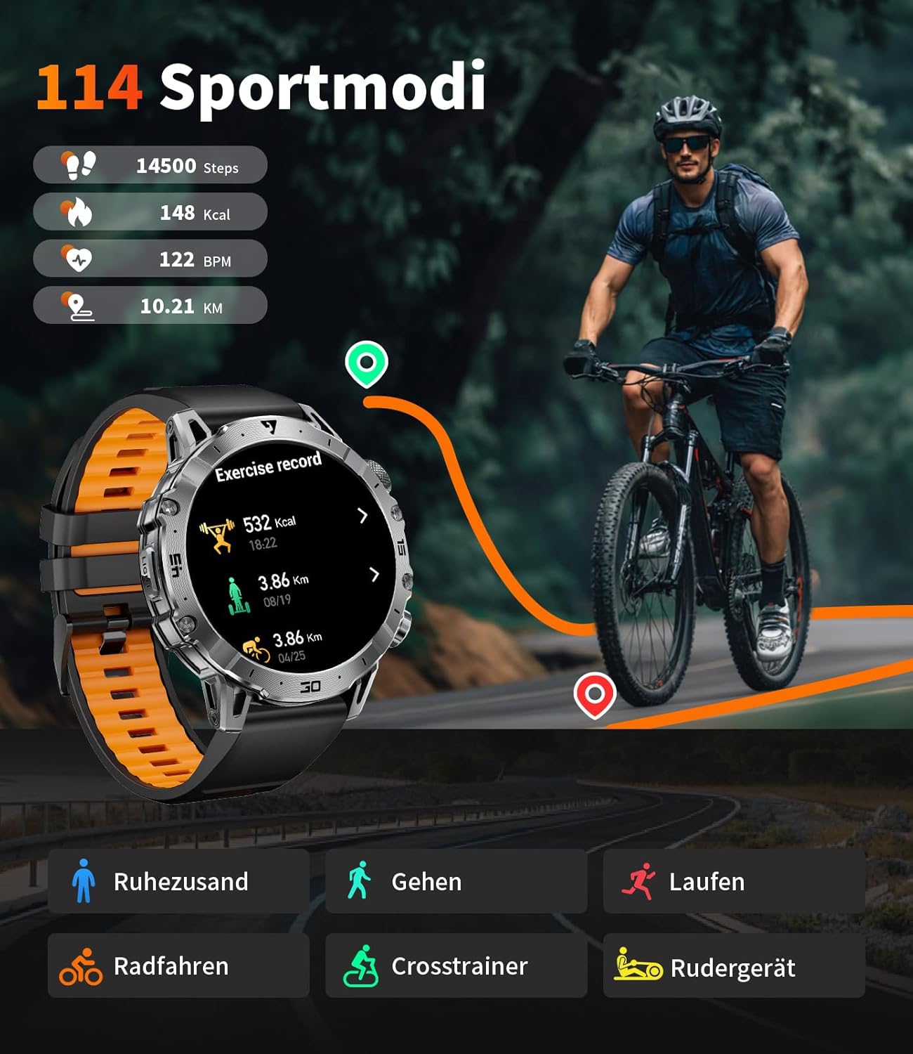 LIGE Militär-Smartwatch für Herren, 1000 mAh, großer Akku, 1,7 Zoll HD großes Display mit Telefonfunktion, LED-Taschenlampe, Fitness-Uhr mit 110+ Sportmodi, Herz-/Schlaf-Tracking, IP68-Sportuhr iOS/Android, Schwarz – Bild 4