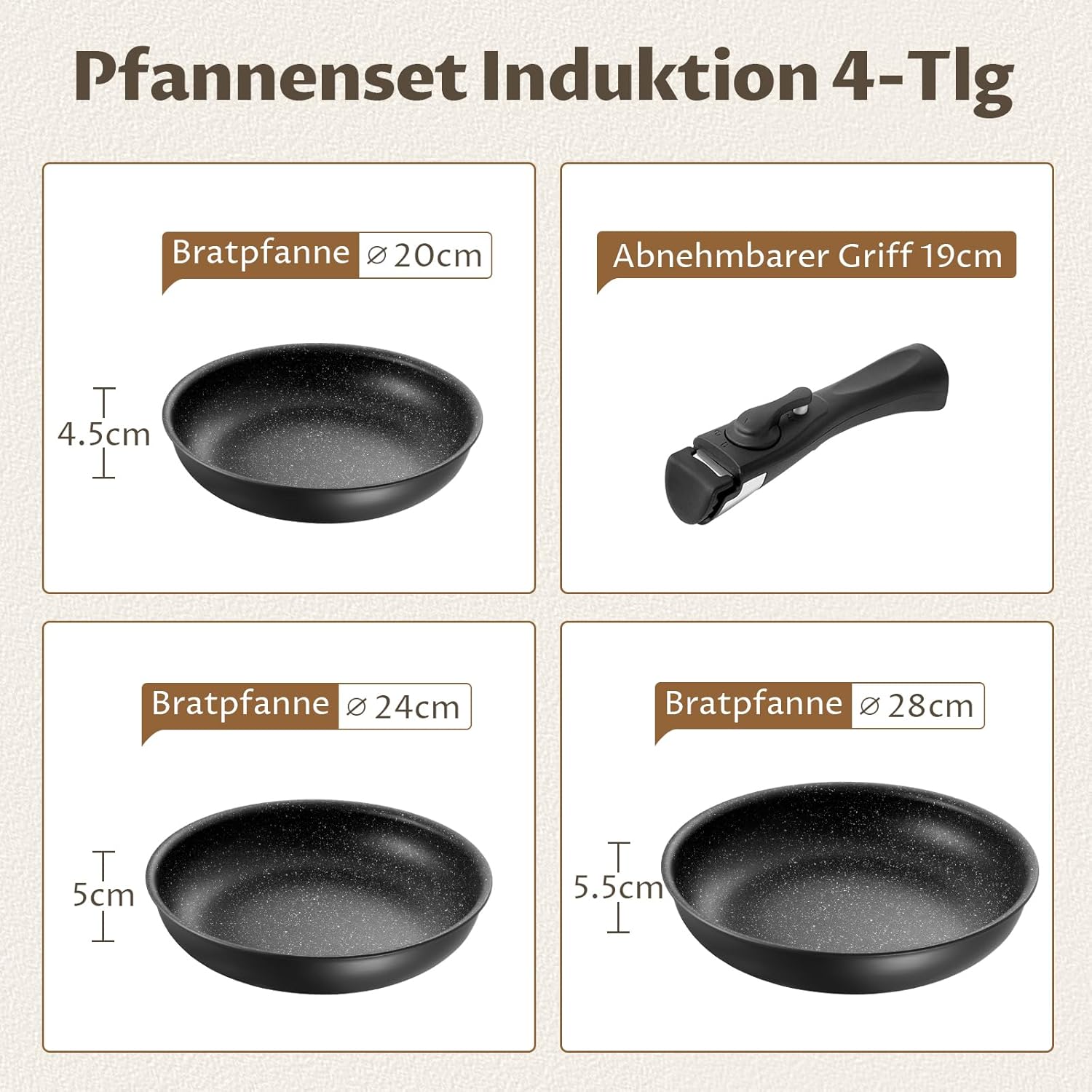 Fadware Induktions-Pfannenset, antihaftbeschichtete Bratpfanne, 20, 24, 28 cm mit abnehmbarem Griff für kleine Küchen und Wohnmobile, Pfannenset, stapelbar, platzsparend, für alle Herdarten, ofenfest – Bild 9