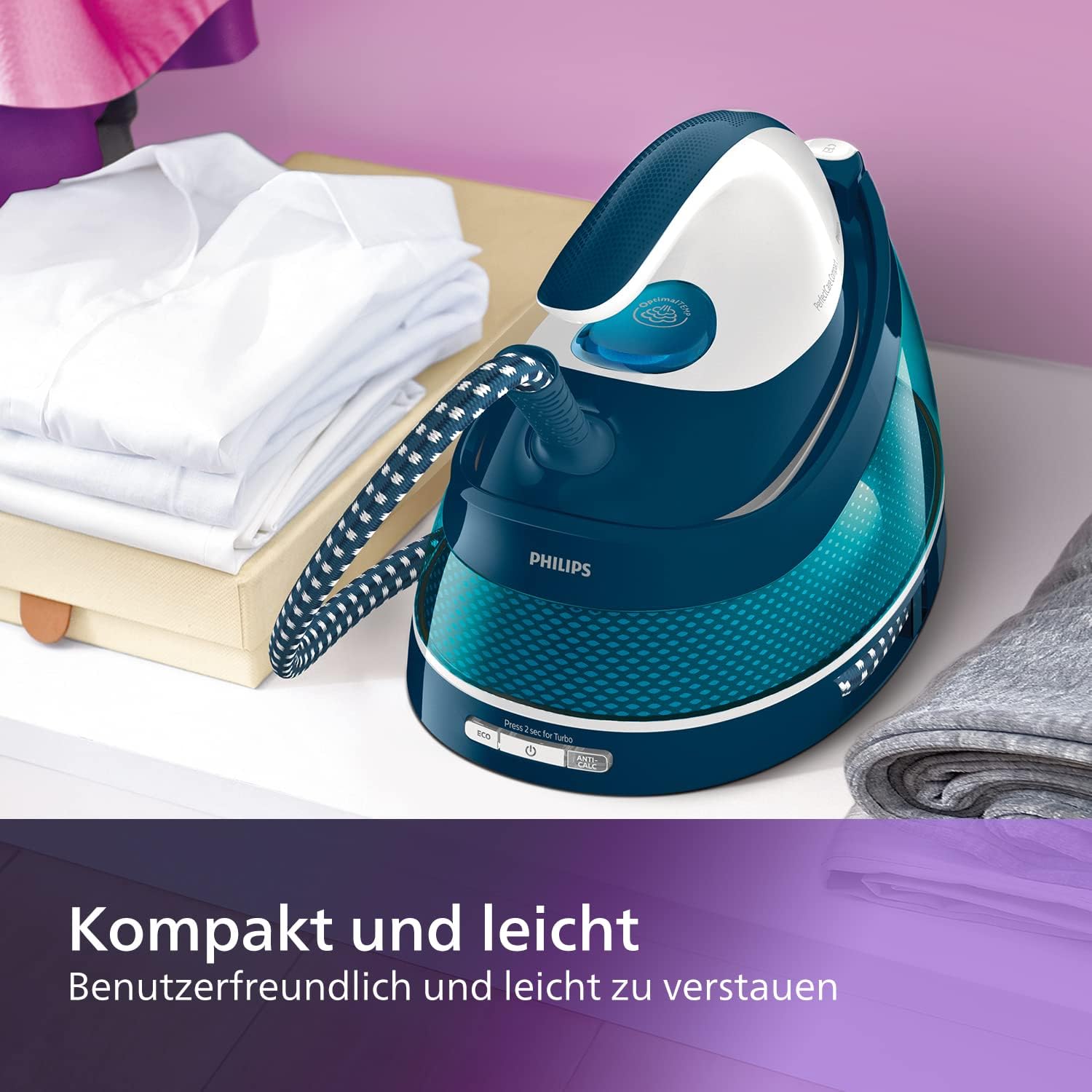 Philips Domestic Appliances Perfect Care Kompakt-Dampfbügeleisen, OptimalTemp-Technologie, 120 g/min Dauerdampf, 2400 W, 6,5 Bar Druck, 1,5 Liter Wassertank, SteamGlide-Bügelsohle, Blau (GC7844/20) – Bild 4