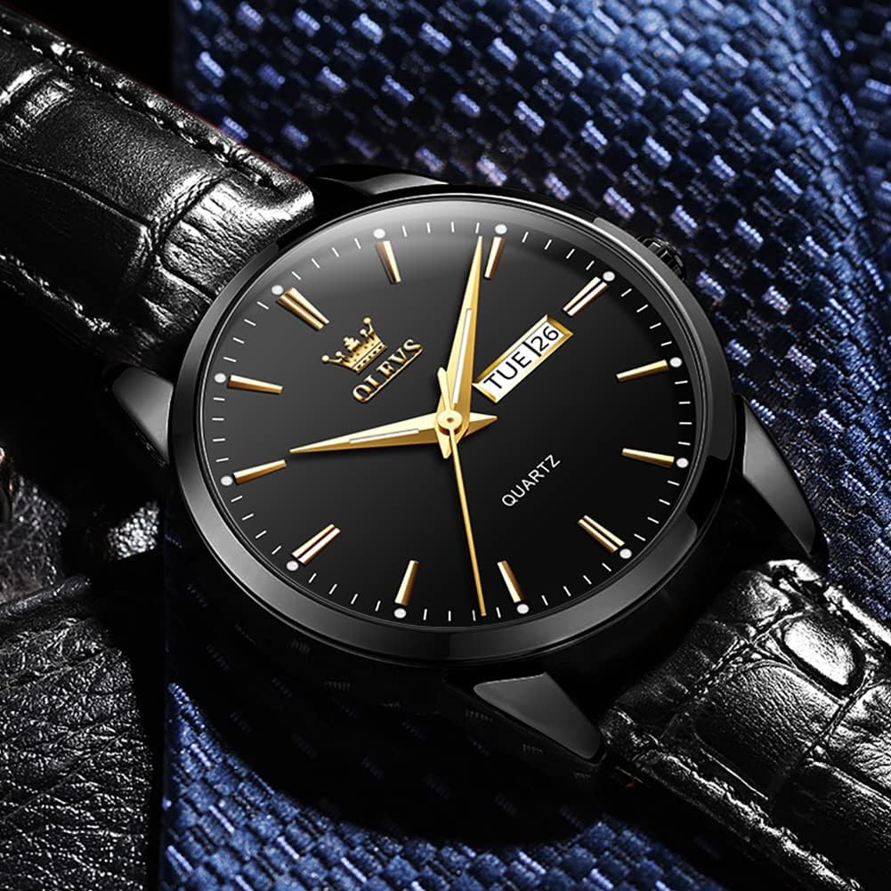 OLEVS Herrenuhren Braun Schwarz Lederarmband Quarzuhr Männer mit Wochentagsdatum Wasserdicht Leuchtend Klassisch Elegant Armbanduhr Geschenk – Bild 2